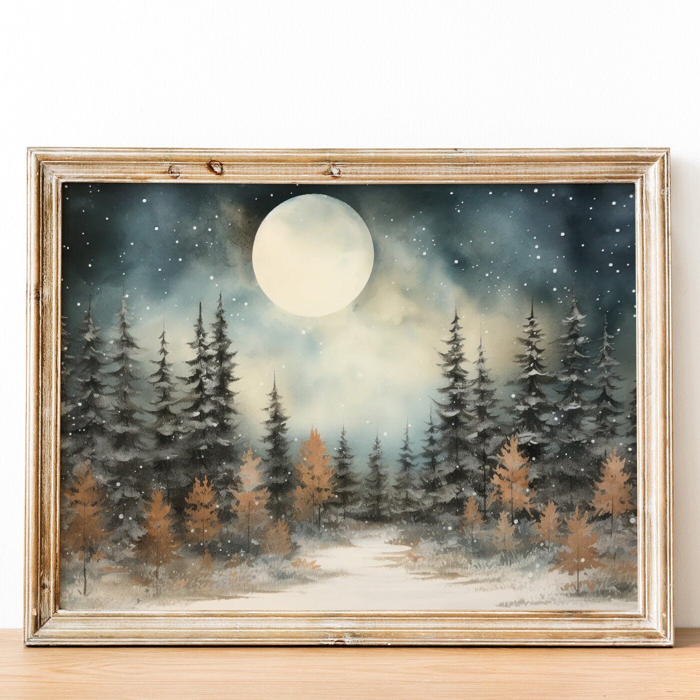 Forest Wall Art, Moody Watercolor Landscape Decor, Full Moon Print - WildfieldPrints