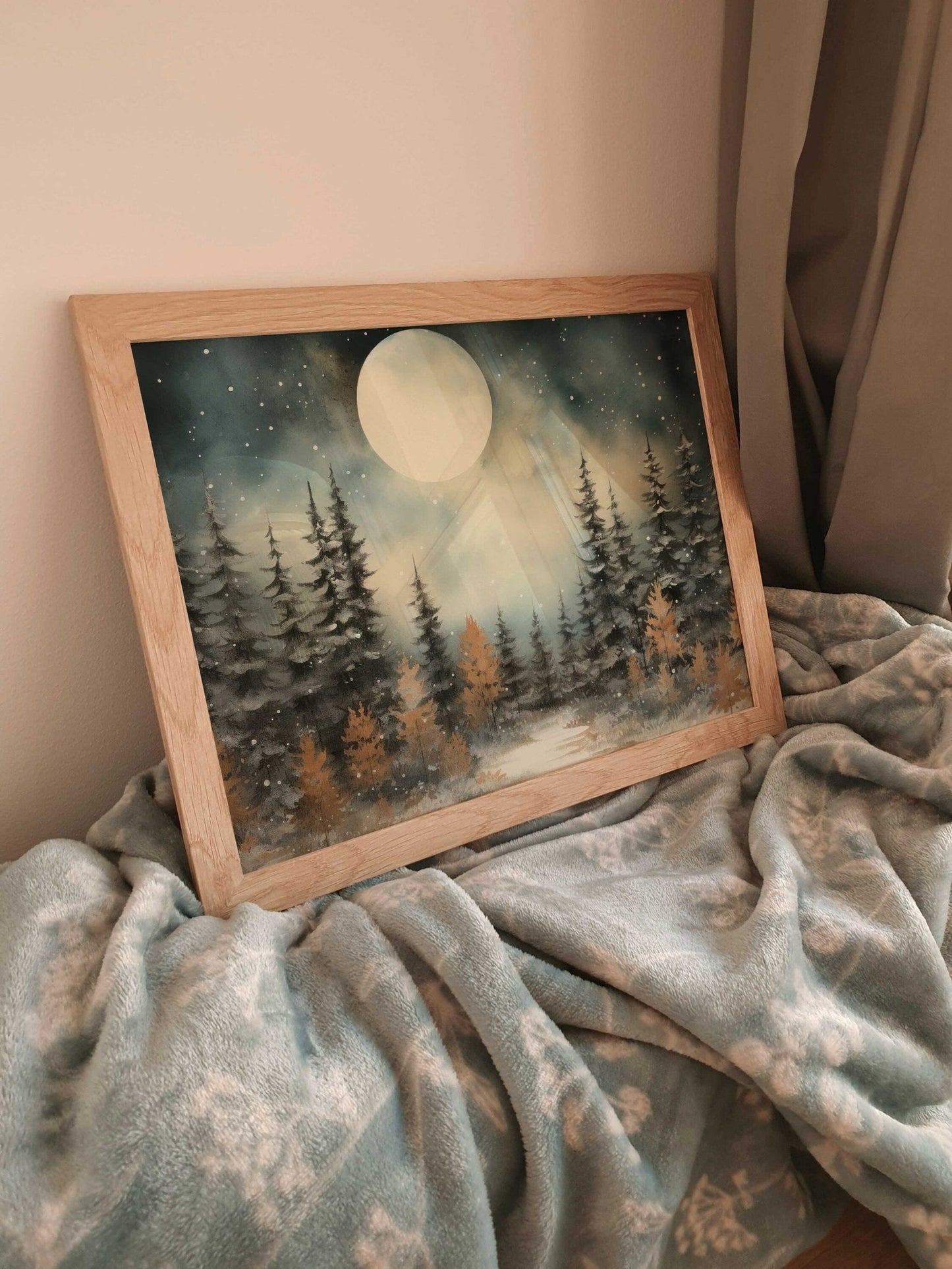 Forest Wall Art, Moody Watercolor Landscape Decor, Full Moon Print - WildfieldPrints