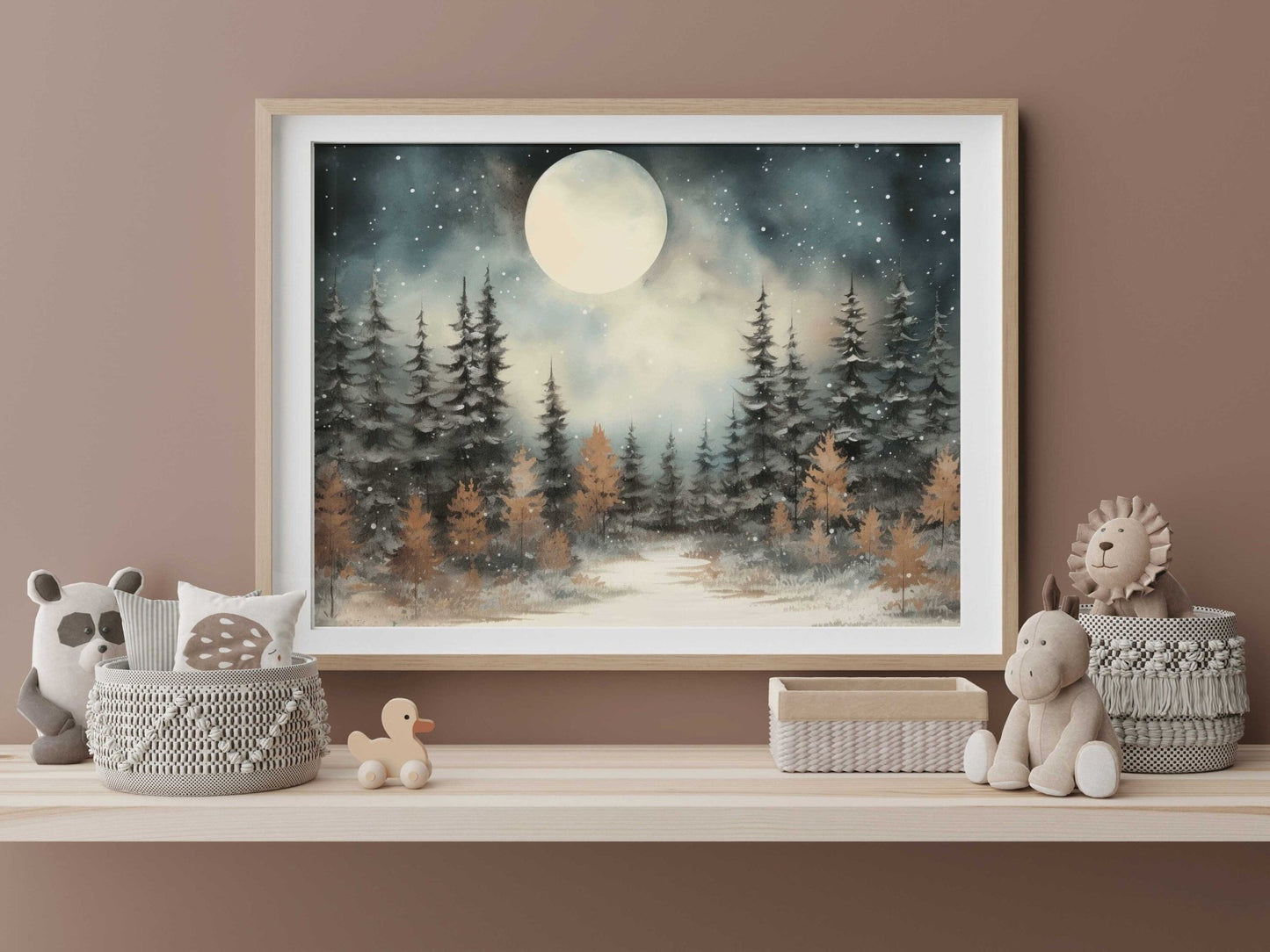 Forest Wall Art, Moody Watercolor Landscape Decor, Full Moon Print - WildfieldPrints