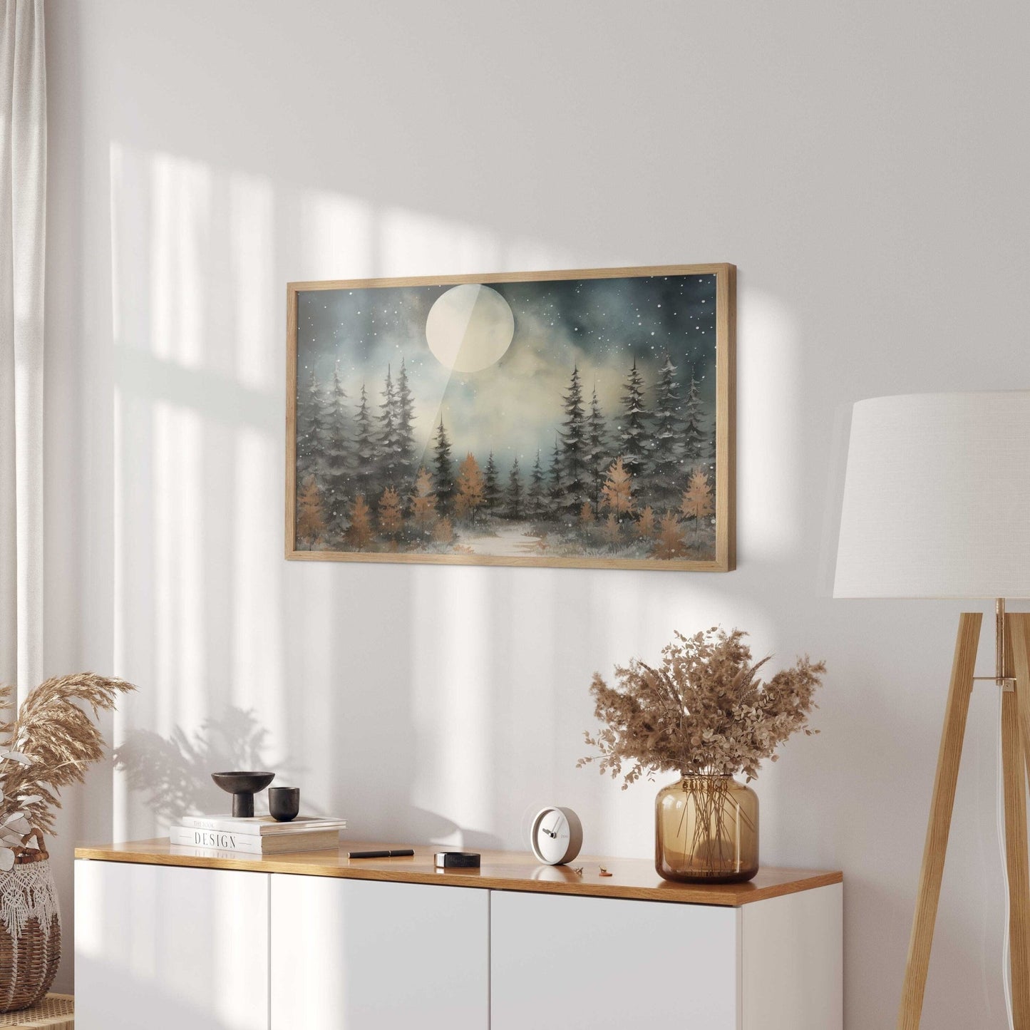 Forest Wall Art, Moody Watercolor Landscape Decor, Full Moon Print - WildfieldPrints