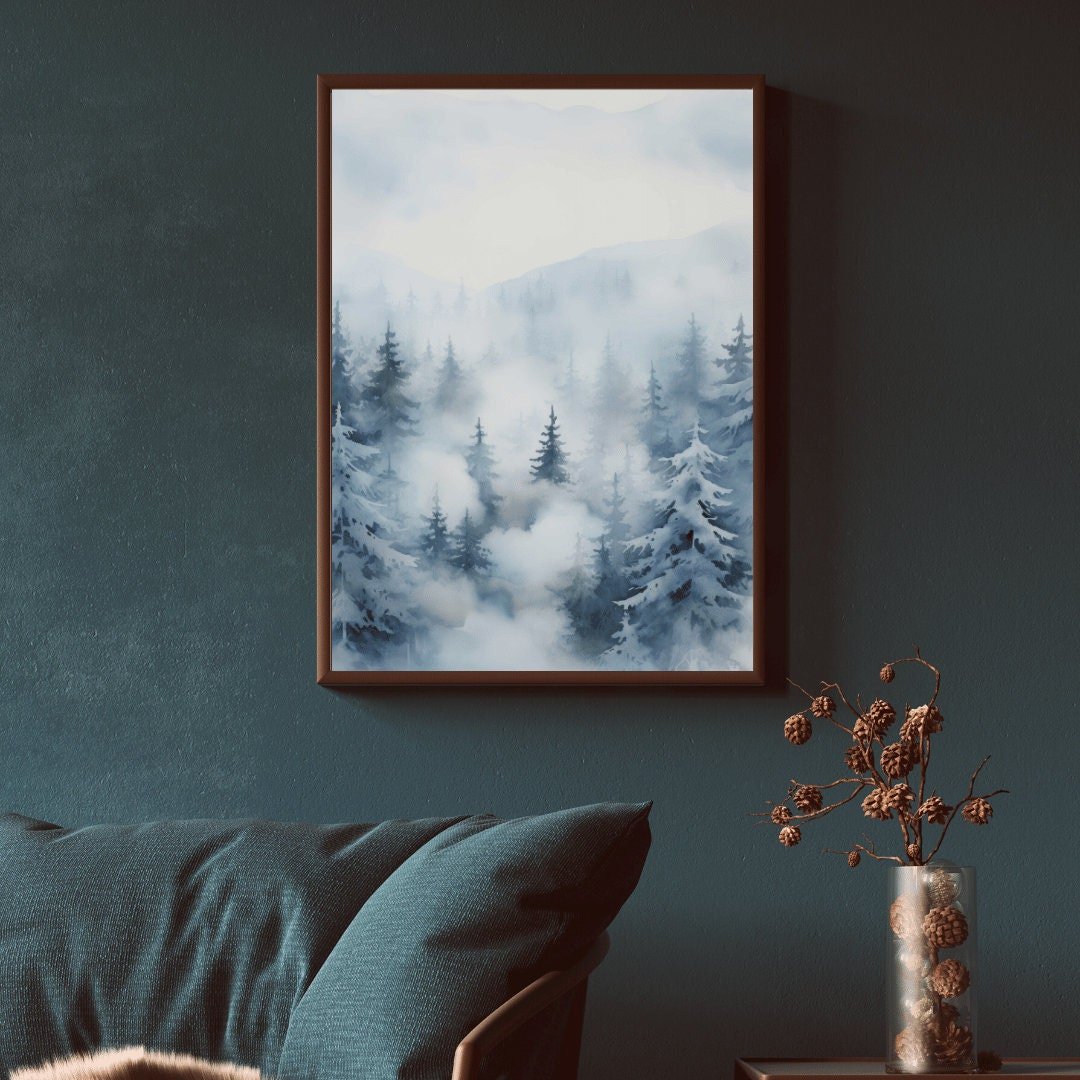 Forest Wall Art, Watercolor Winter Landscape, Nature Print, Fir & Spruce Trees - WildfieldPrints