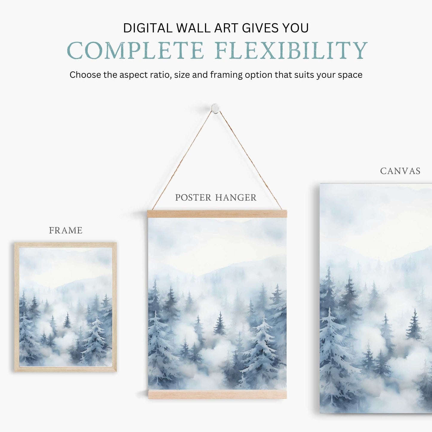 Forest Wall Art, Watercolor Winter Landscape, Nature Print, Fir & Spruce Trees - WildfieldPrints