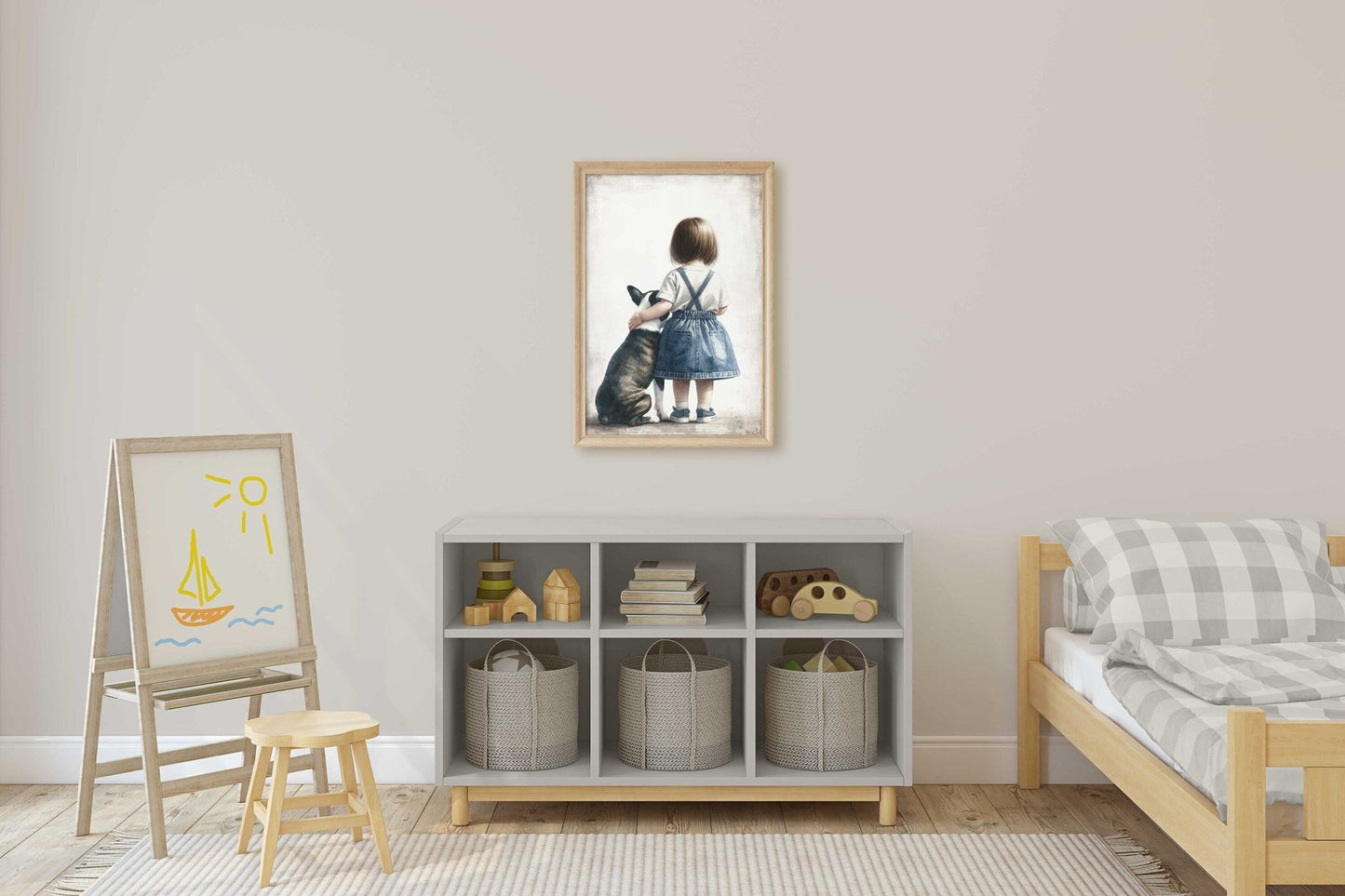 French Bulldog Art, Cute Dog Nursery Decor, Girl & Dog Illustration - WildfieldPrints