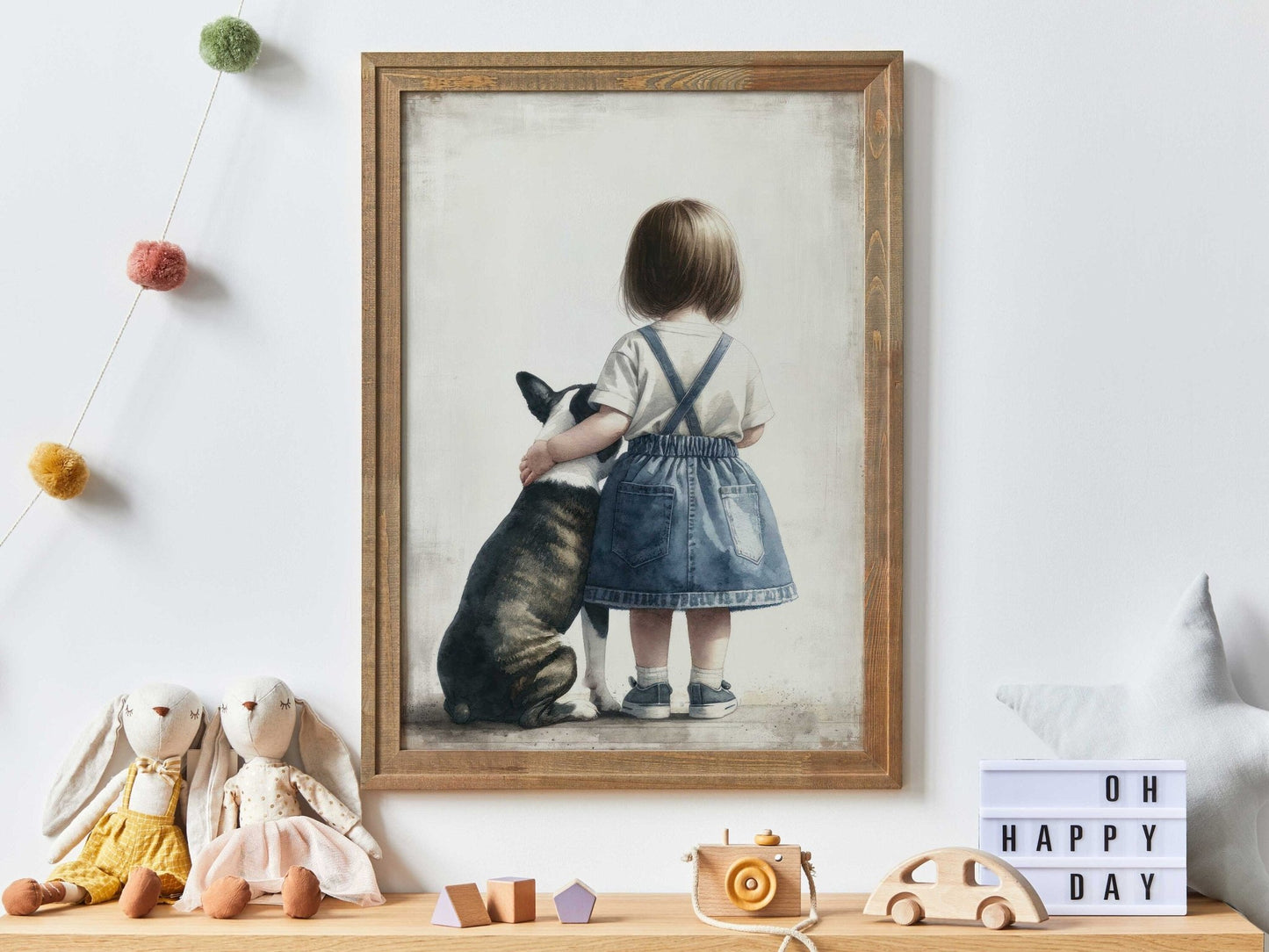 French Bulldog Art, Cute Dog Nursery Decor, Girl & Dog Illustration - WildfieldPrints