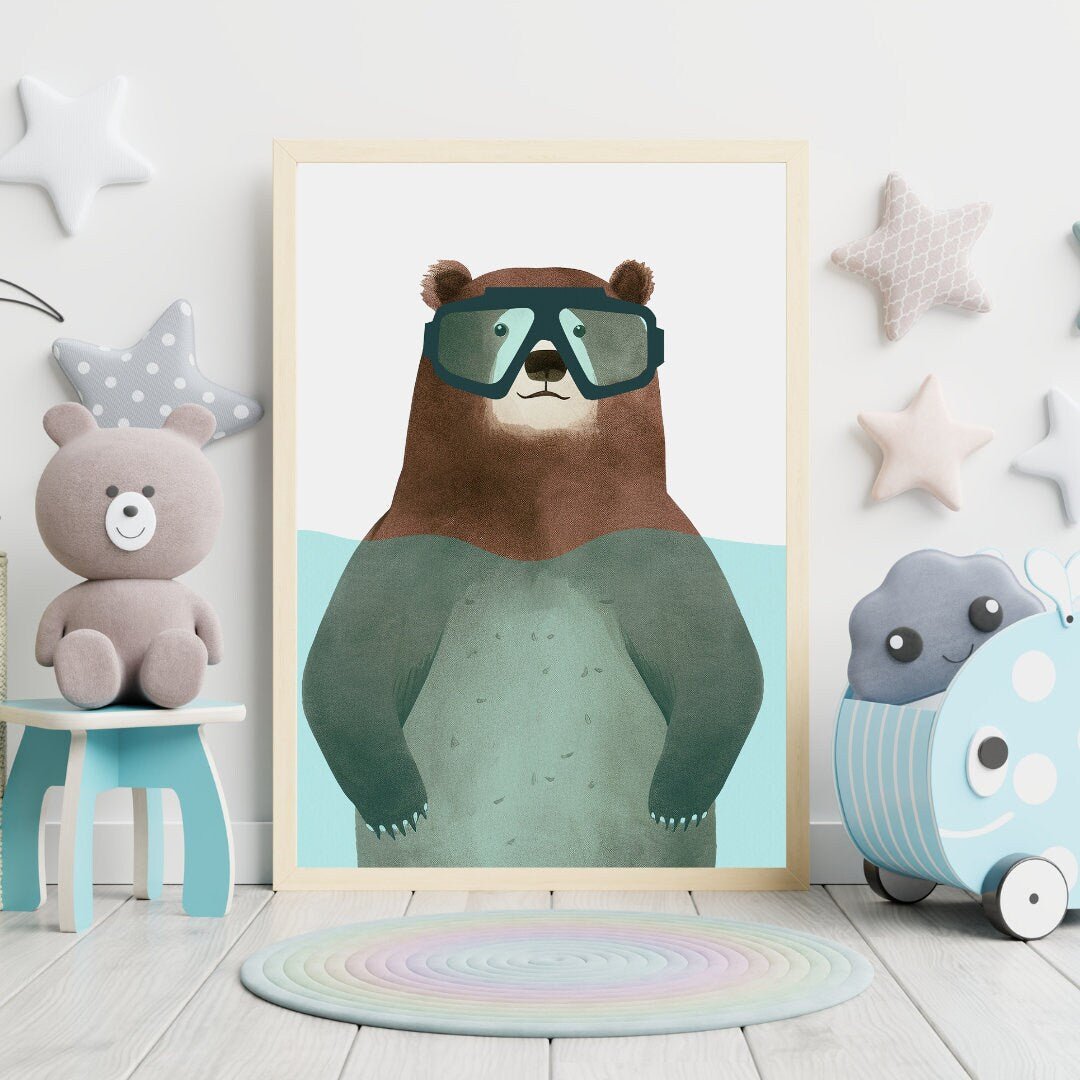 Funny Bear Nursery Wall Art, Minimalist Kids Room Decor, Animals Print - WildfieldPrints