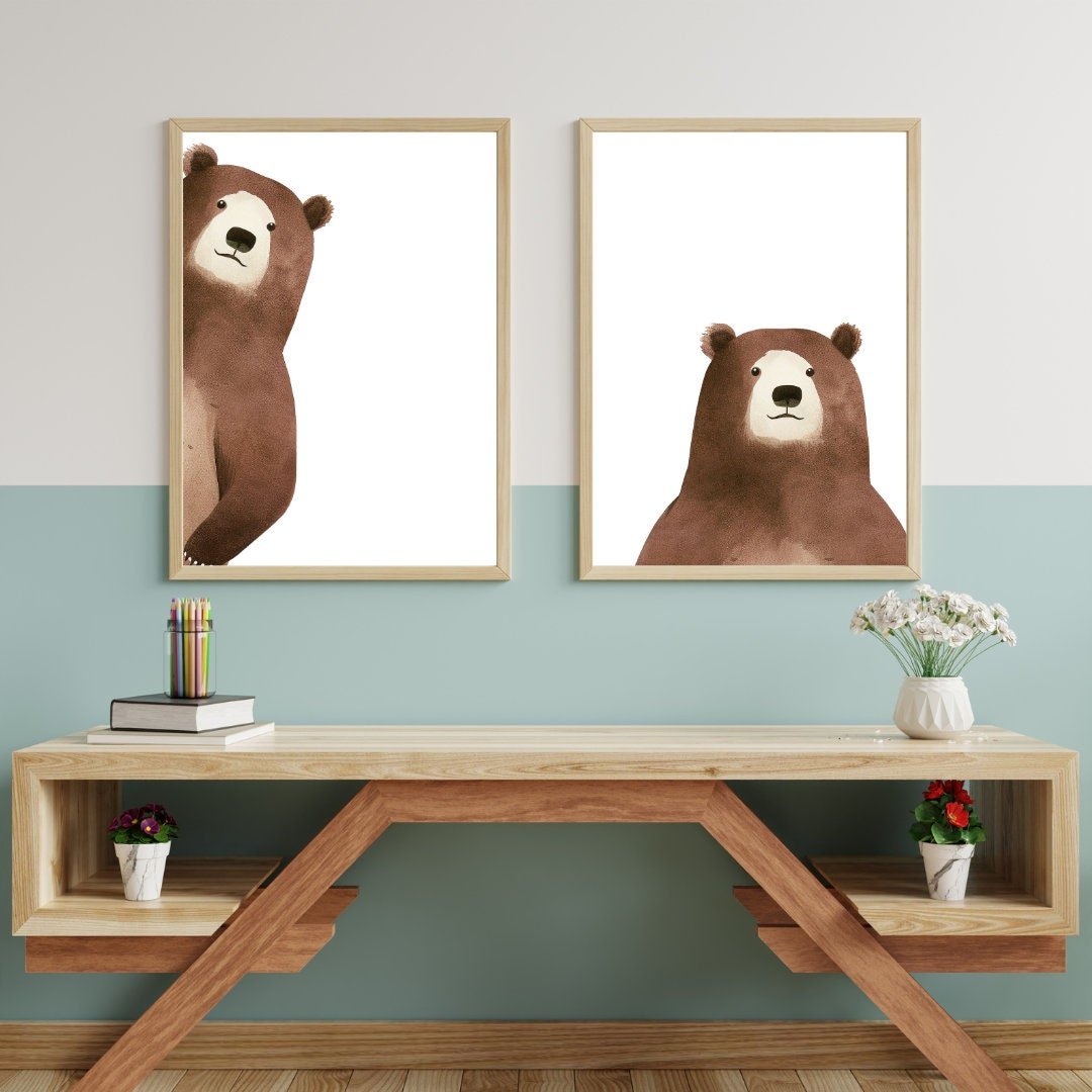 Funny Peek - a - boo Bear Nursery Wall Art, Minimalist Watercolor Decor - WildfieldPrints