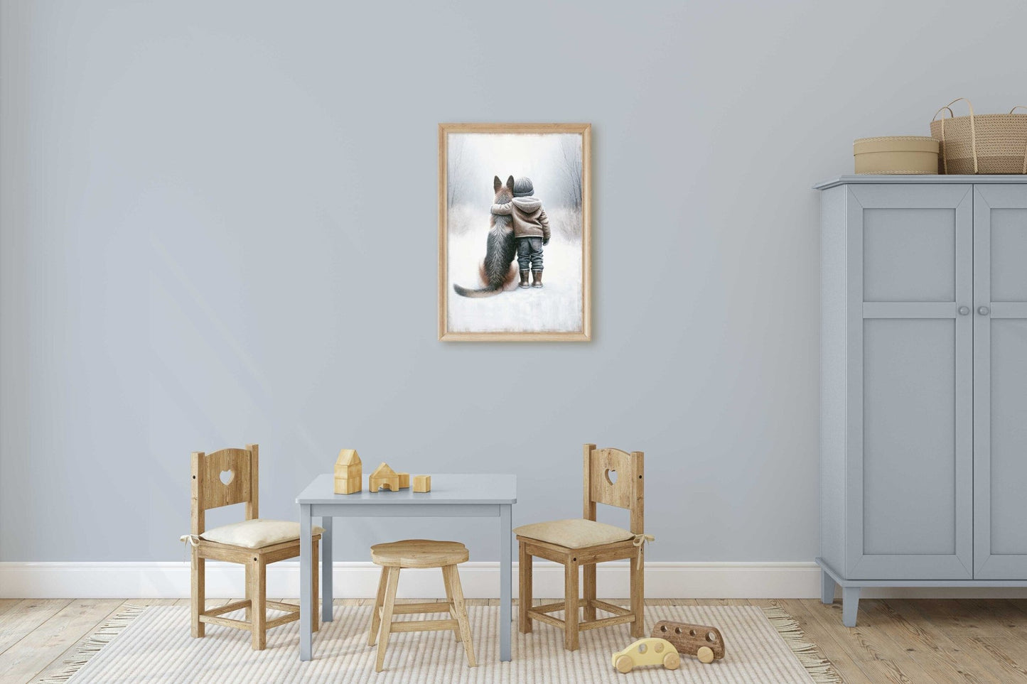German Shepherd Art Print, Distressed Nursery Wall Decor, Winter Bond - WildfieldPrints