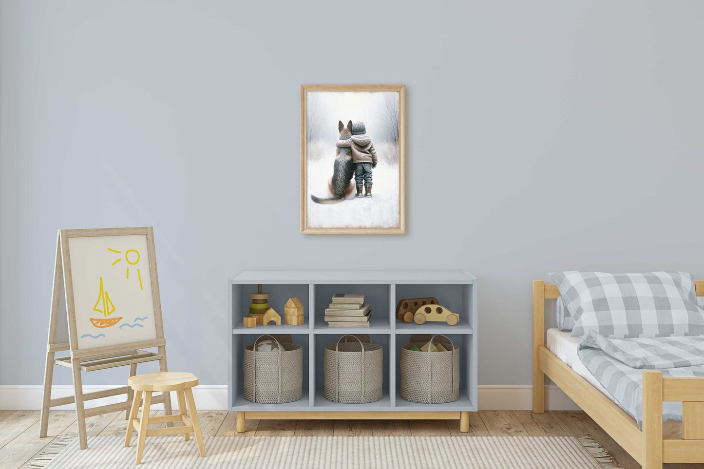 German Shepherd Art Print, Distressed Nursery Wall Decor, Winter Bond - WildfieldPrints