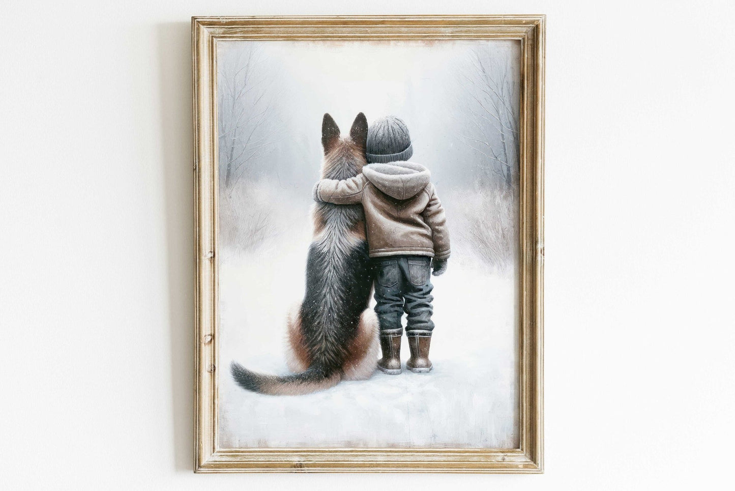 German Shepherd Art Print, Distressed Nursery Wall Decor, Winter Bond - WildfieldPrints