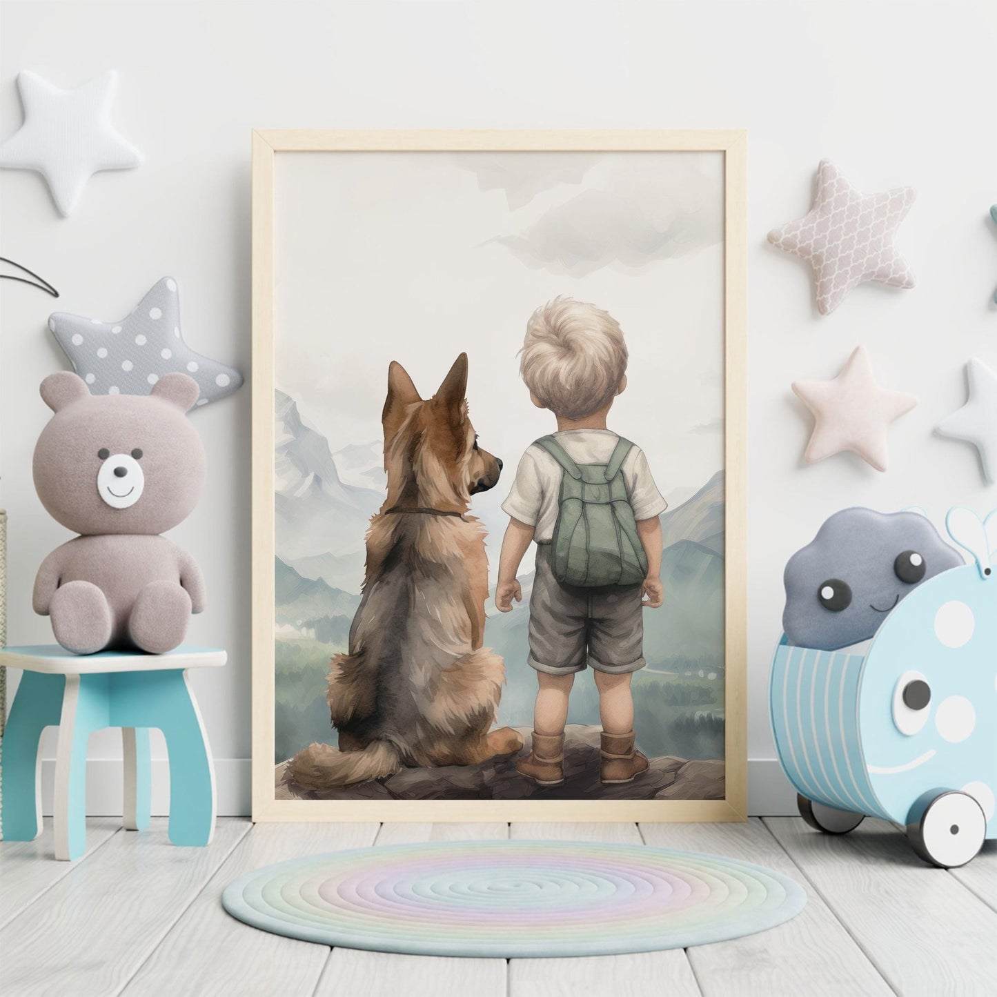 German Shepherd Nursery Art, Boy & Dog Decor, Dog Portrait - WildfieldPrints