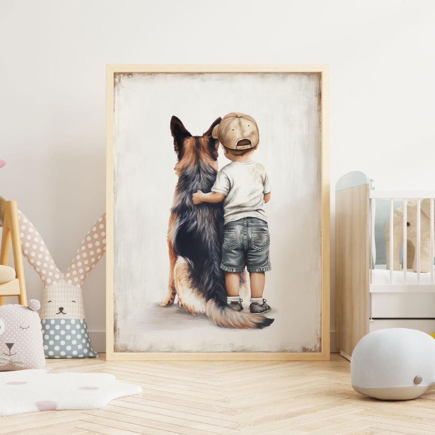 German Shepherd Nursery Decor, Boy and Dog Portrait, Kids Wall Art - WildfieldPrints