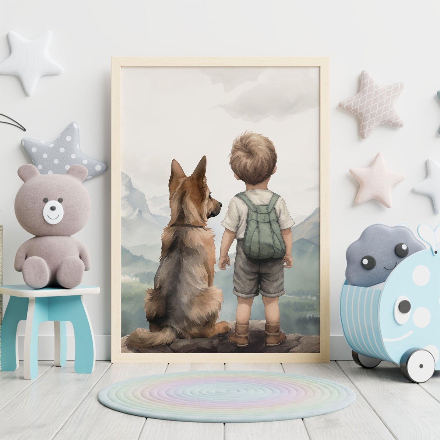 German Shepherd Nursery Decor, Boy & Dog Art, Cute Puppy Prints - WildfieldPrints