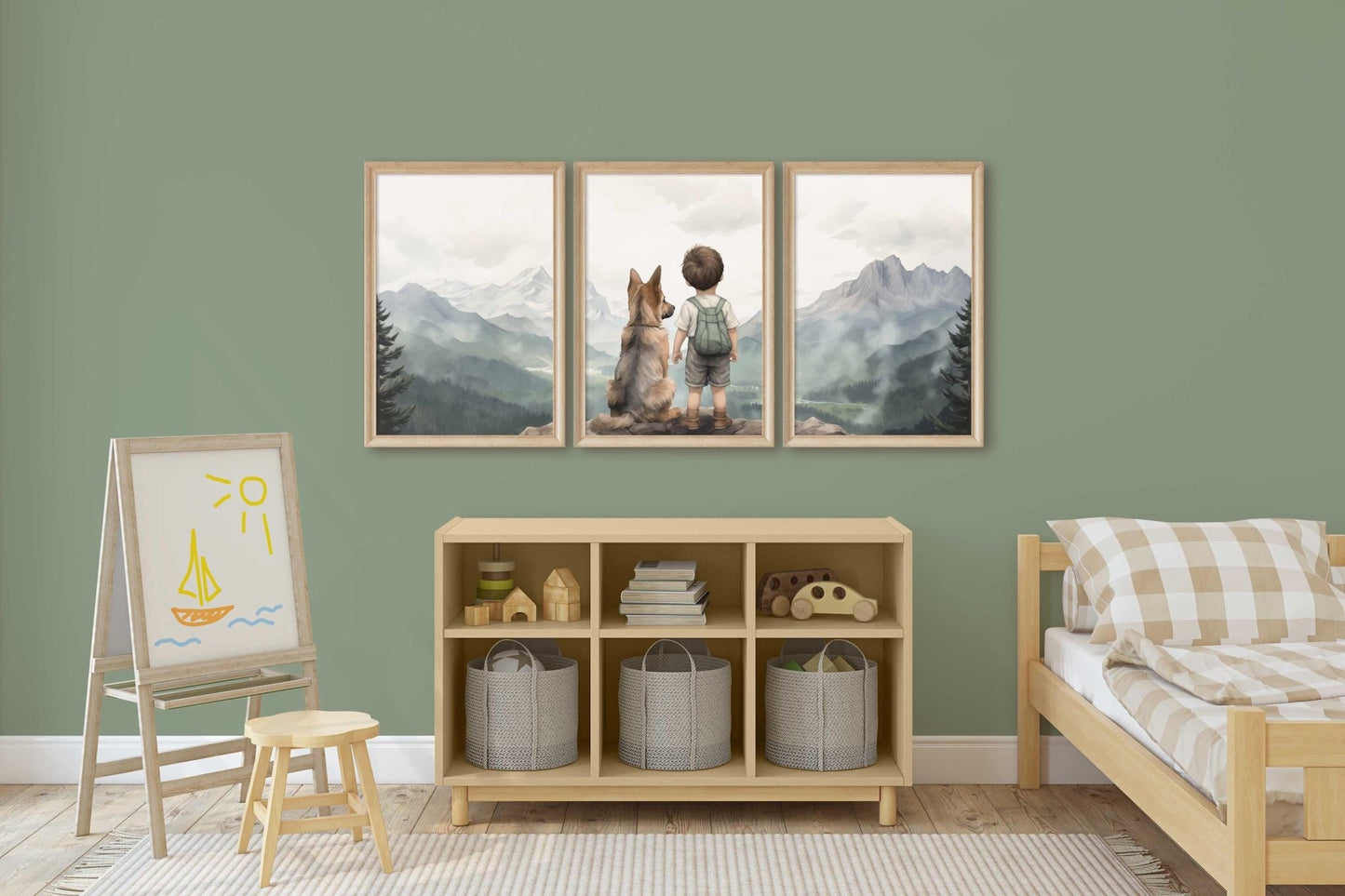 German Shepherd Nursery Decor, Boy & Dog Painting, Puppy Wall Art - WildfieldPrints