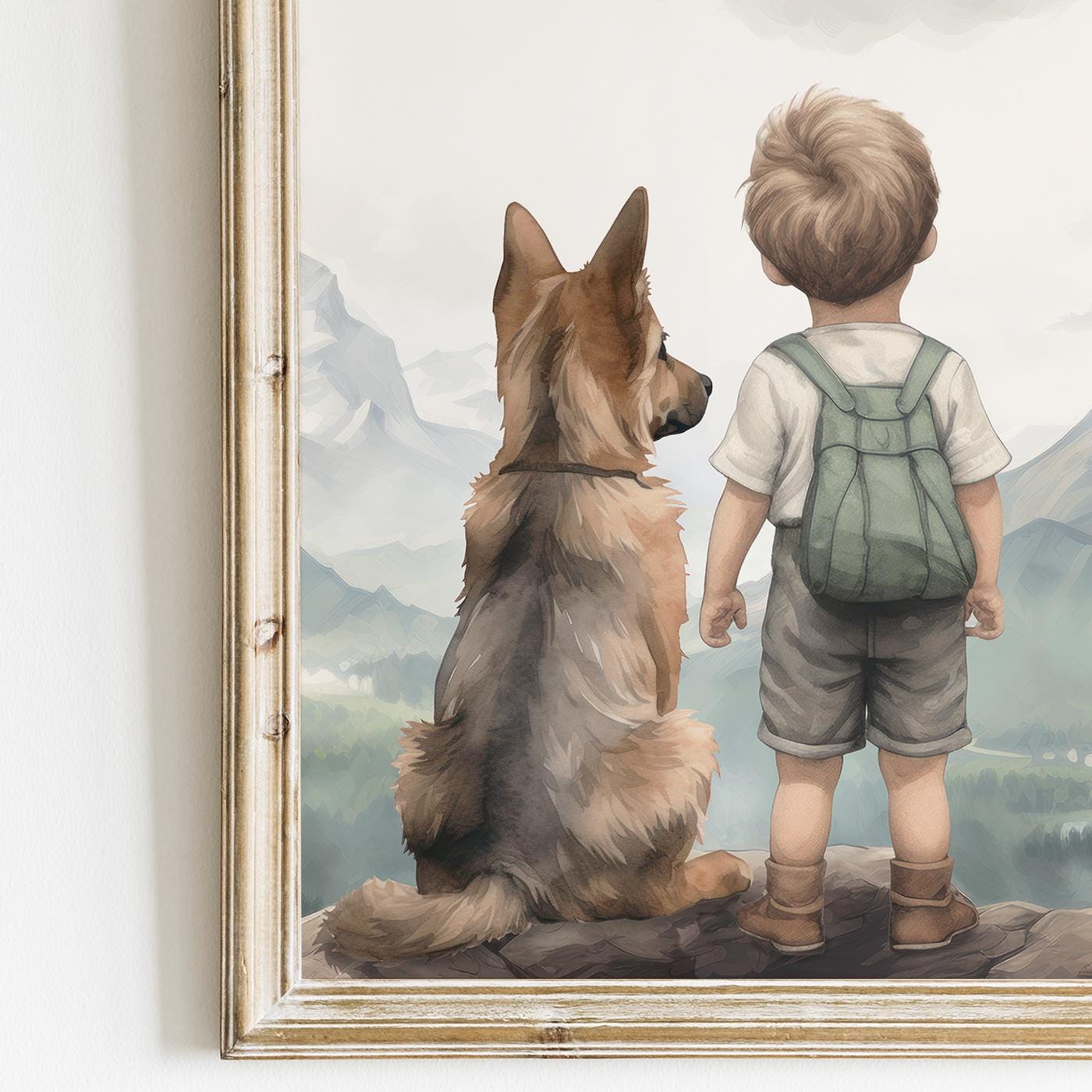 German Shepherd Nursery Decor, Boy & Dog Painting, Puppy Wall Art - WildfieldPrints