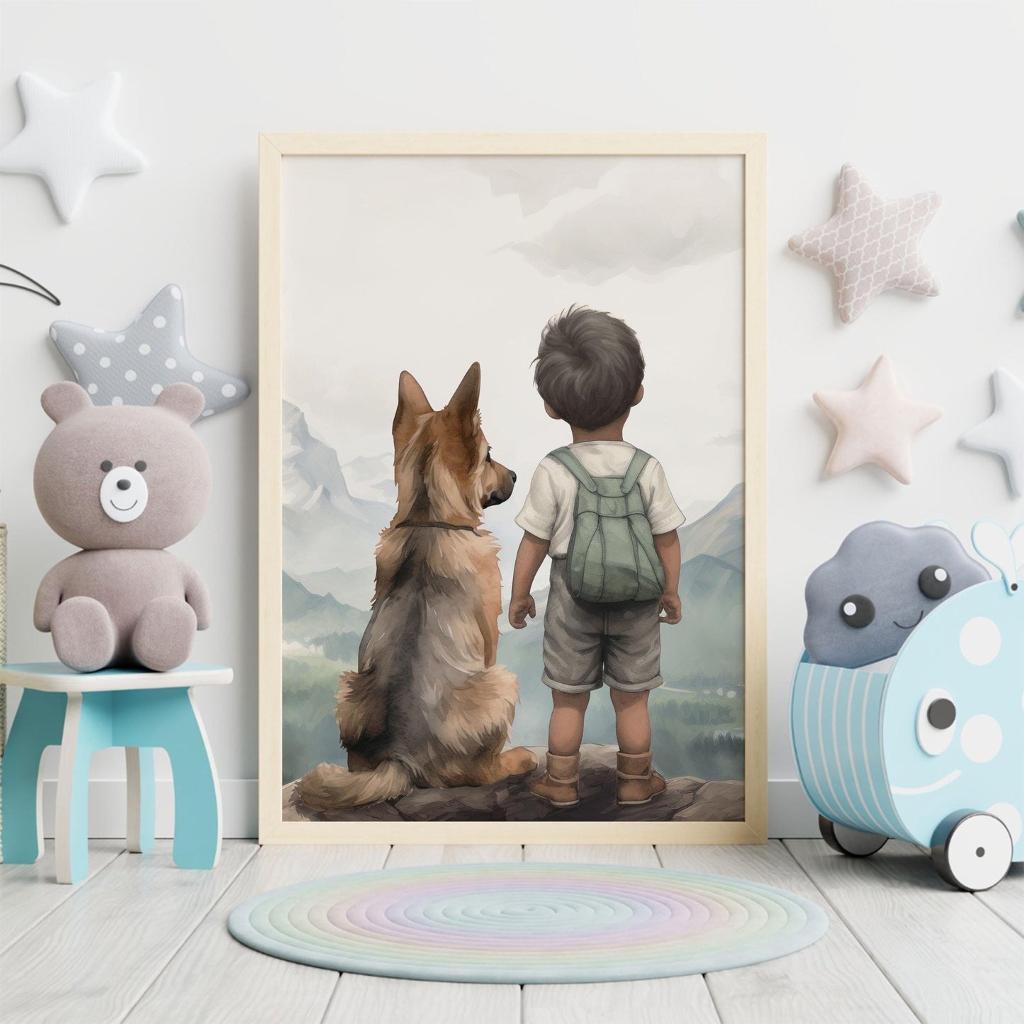 German Shepherd Nursery Print, Boy & Dog Art, Puppy Wall Decor - WildfieldPrints