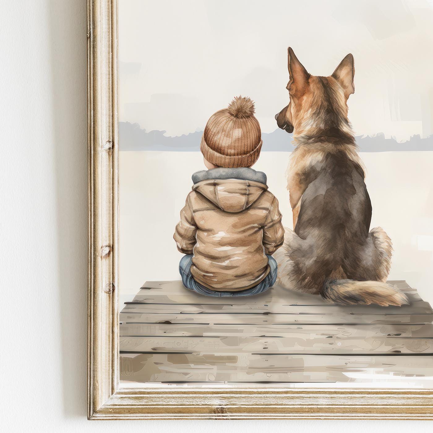German Shepherd Nursery Print, Boy & Dog Wall Decor, GSD Art - WildfieldPrints