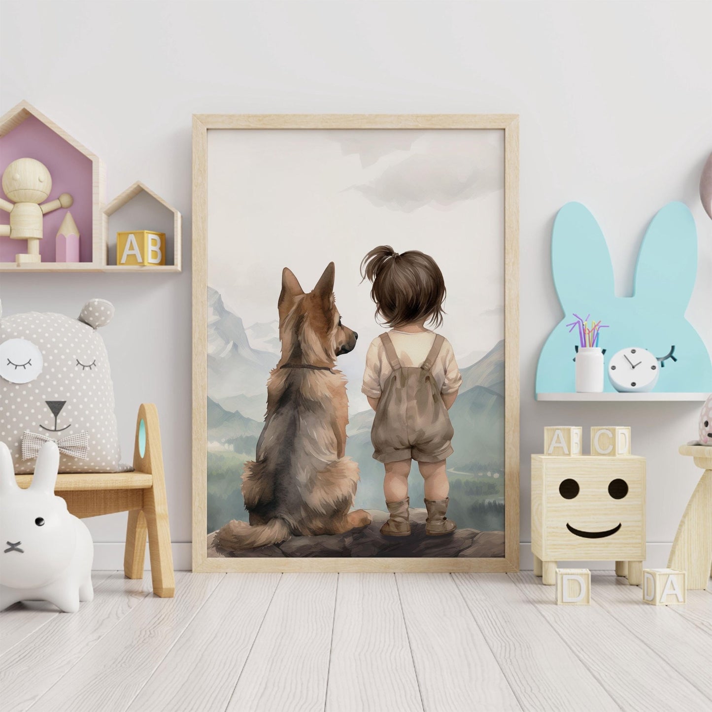 German Shepherd Nursery Print, Girl & Dog Wall Decor, Cute Canine Art - WildfieldPrints