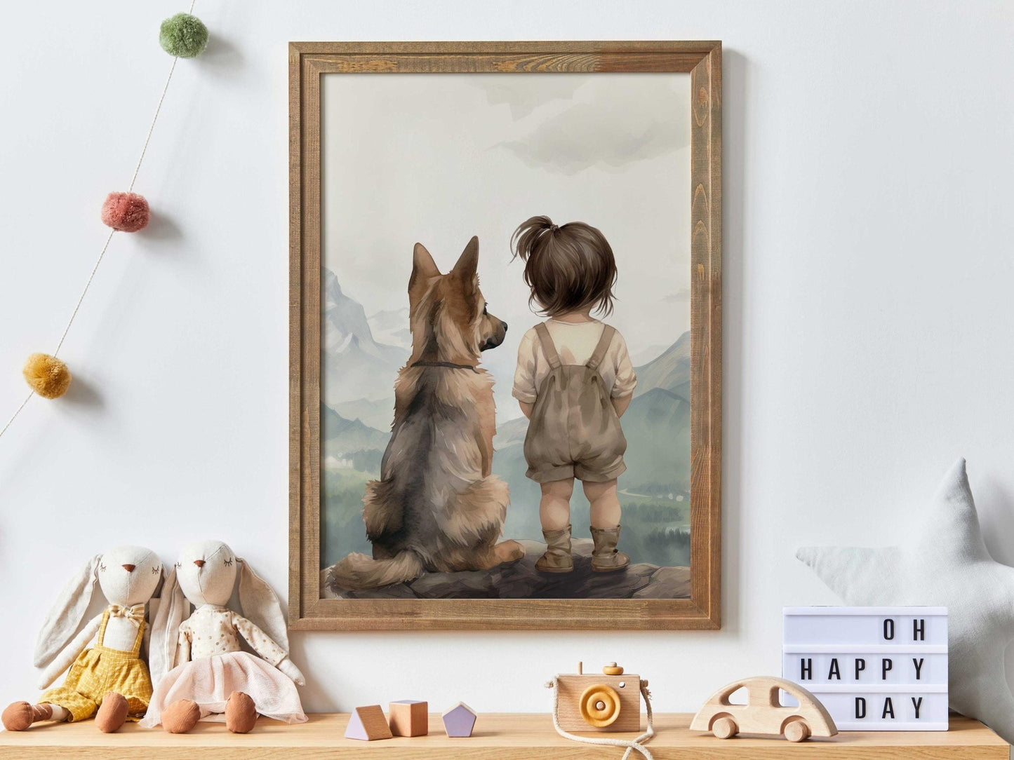German Shepherd Nursery Print, Girl & Dog Wall Decor, Cute Canine Art - WildfieldPrints