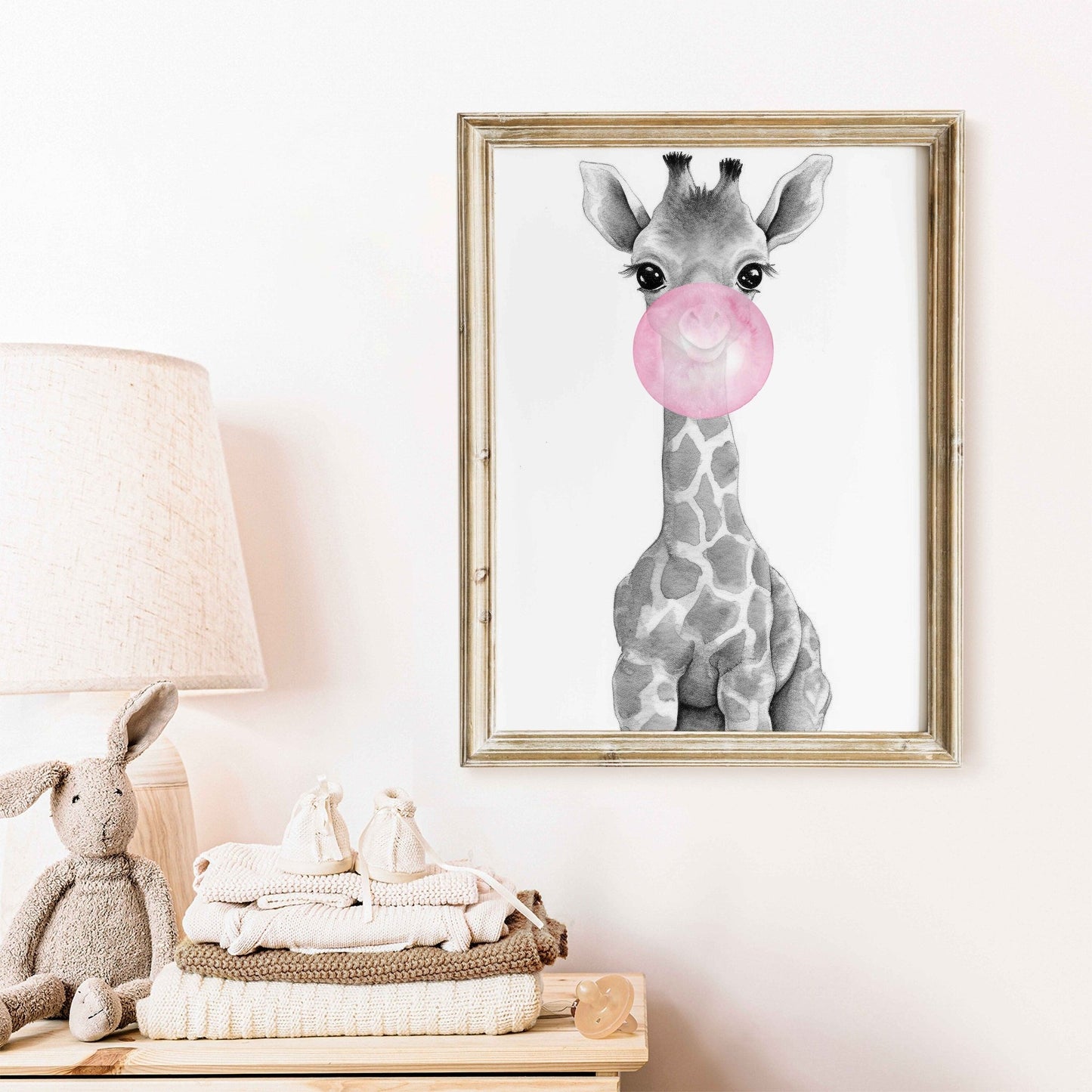 Giraffe Bubblegum Art, Whimsical Safari Nursery Decor, Kids Room Wall Art - WildfieldPrints