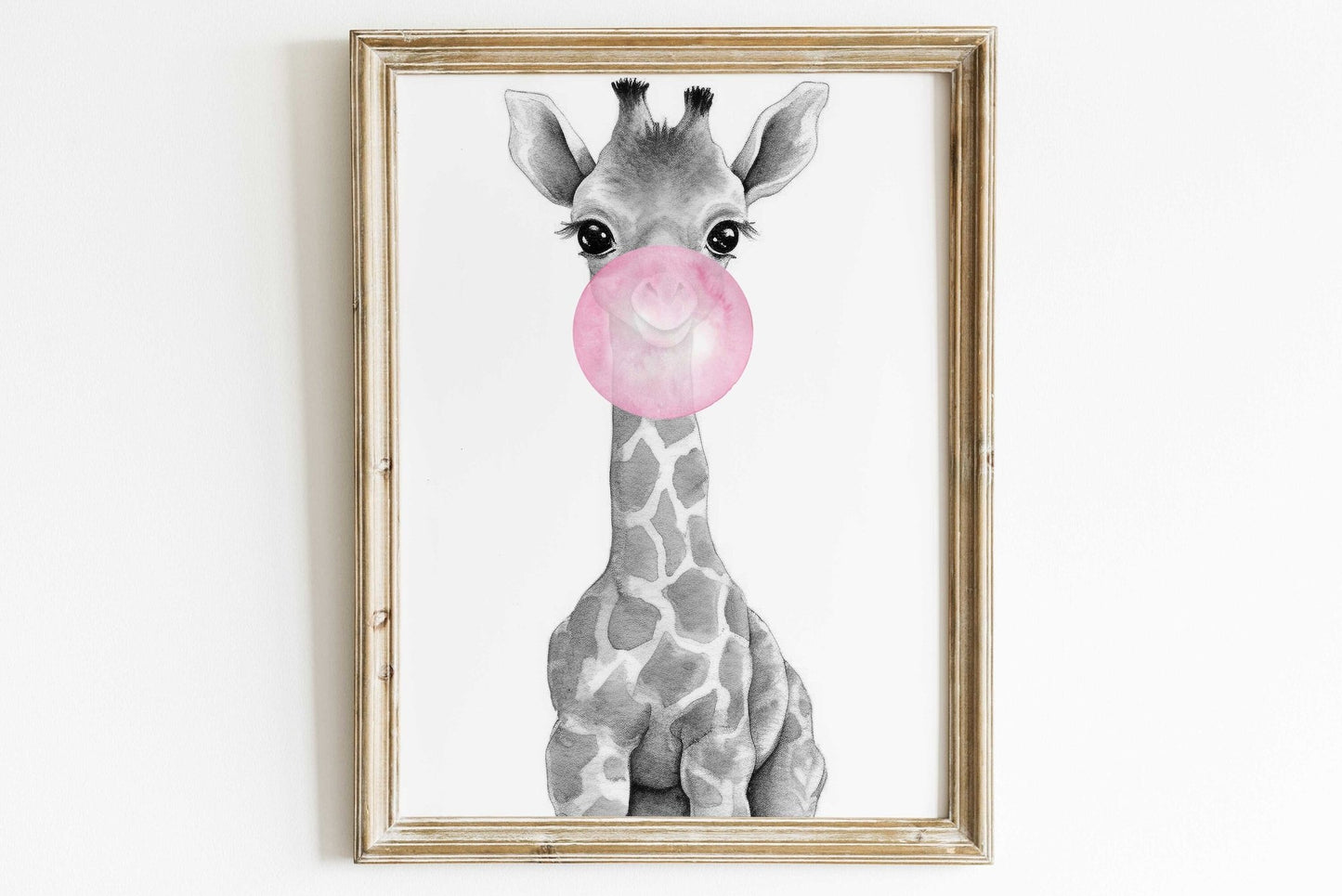 Giraffe Bubblegum Art, Whimsical Safari Nursery Decor, Kids Room Wall Art - WildfieldPrints
