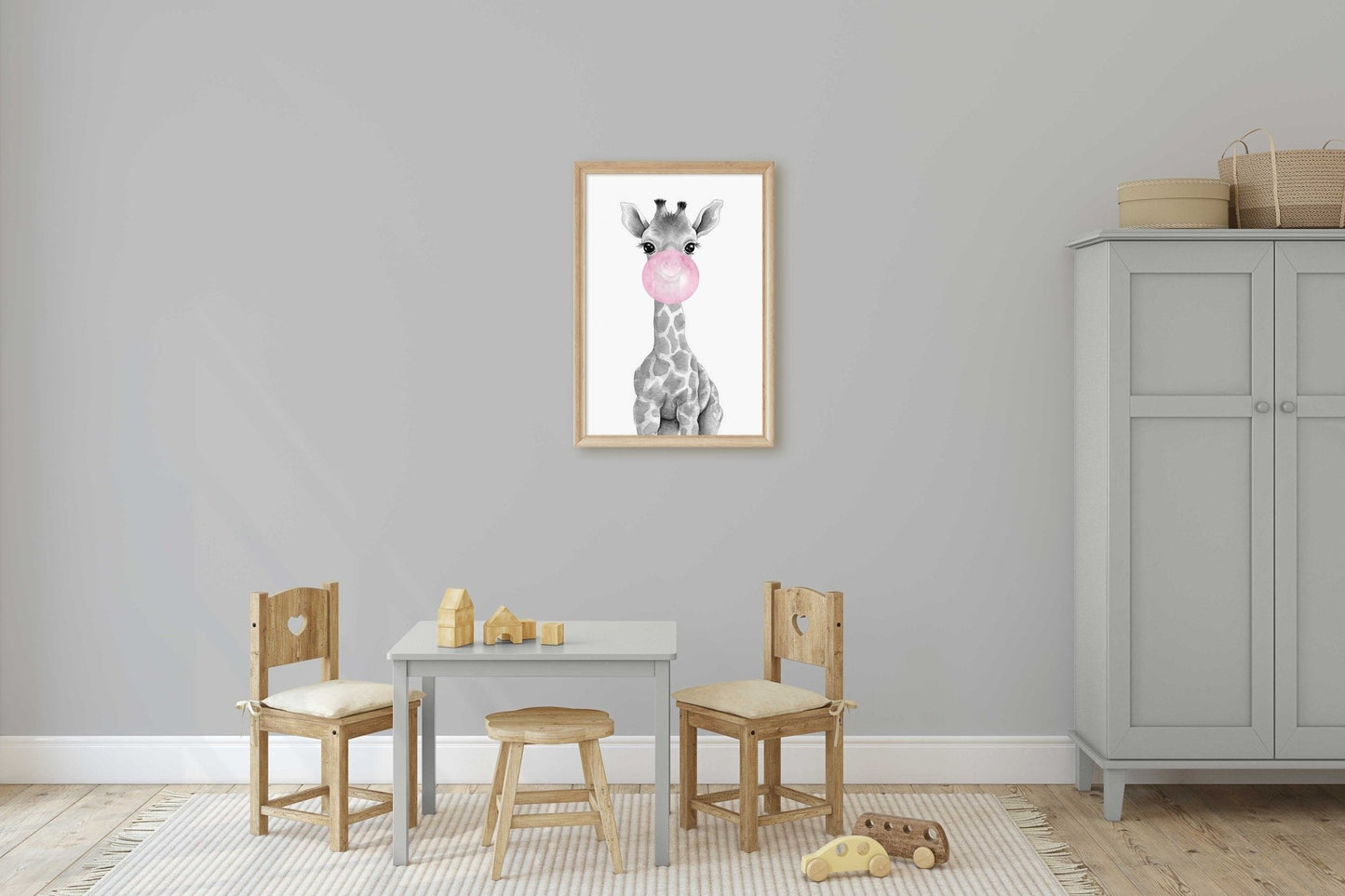 Giraffe Bubblegum Art, Whimsical Safari Nursery Decor, Kids Room Wall Art - WildfieldPrints