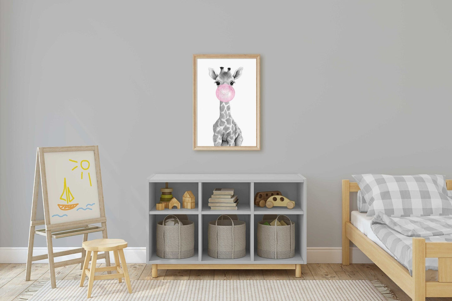 Giraffe Bubblegum Art, Whimsical Safari Nursery Decor, Kids Room Wall Art - WildfieldPrints