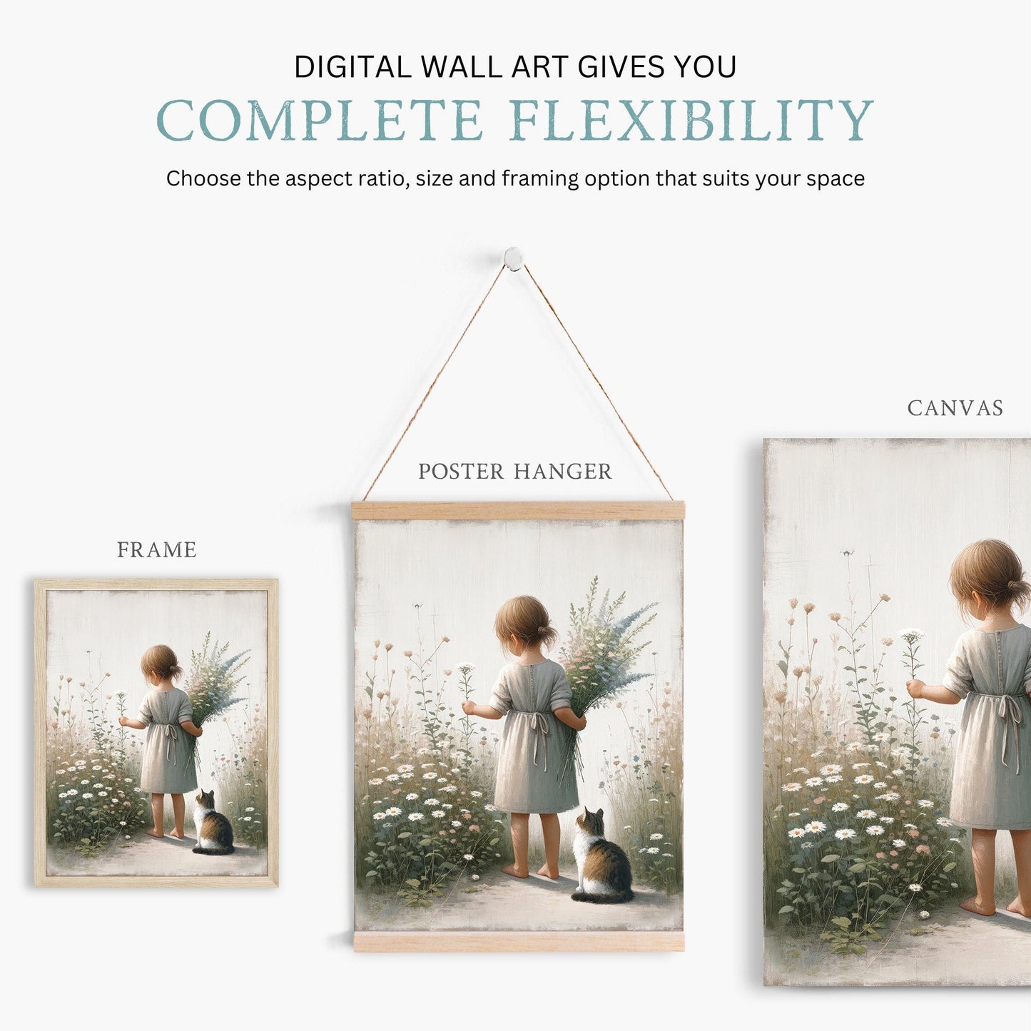 Girl and Cat Wall Art, Floral Nursery Decor, Whimsical Room Accent - WildfieldPrints