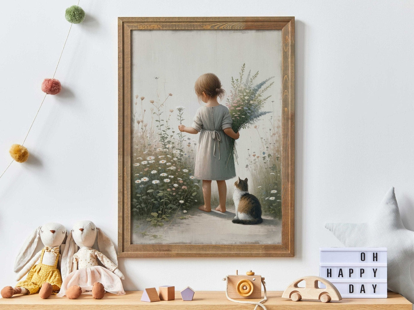 Girl and Cat Wall Art, Floral Nursery Decor, Whimsical Room Accent - WildfieldPrints