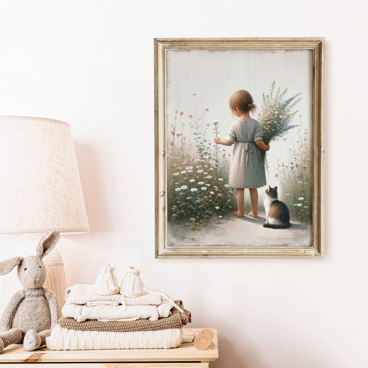 Girl and Cat Wall Art, Floral Nursery Decor, Whimsical Room Accent - WildfieldPrints