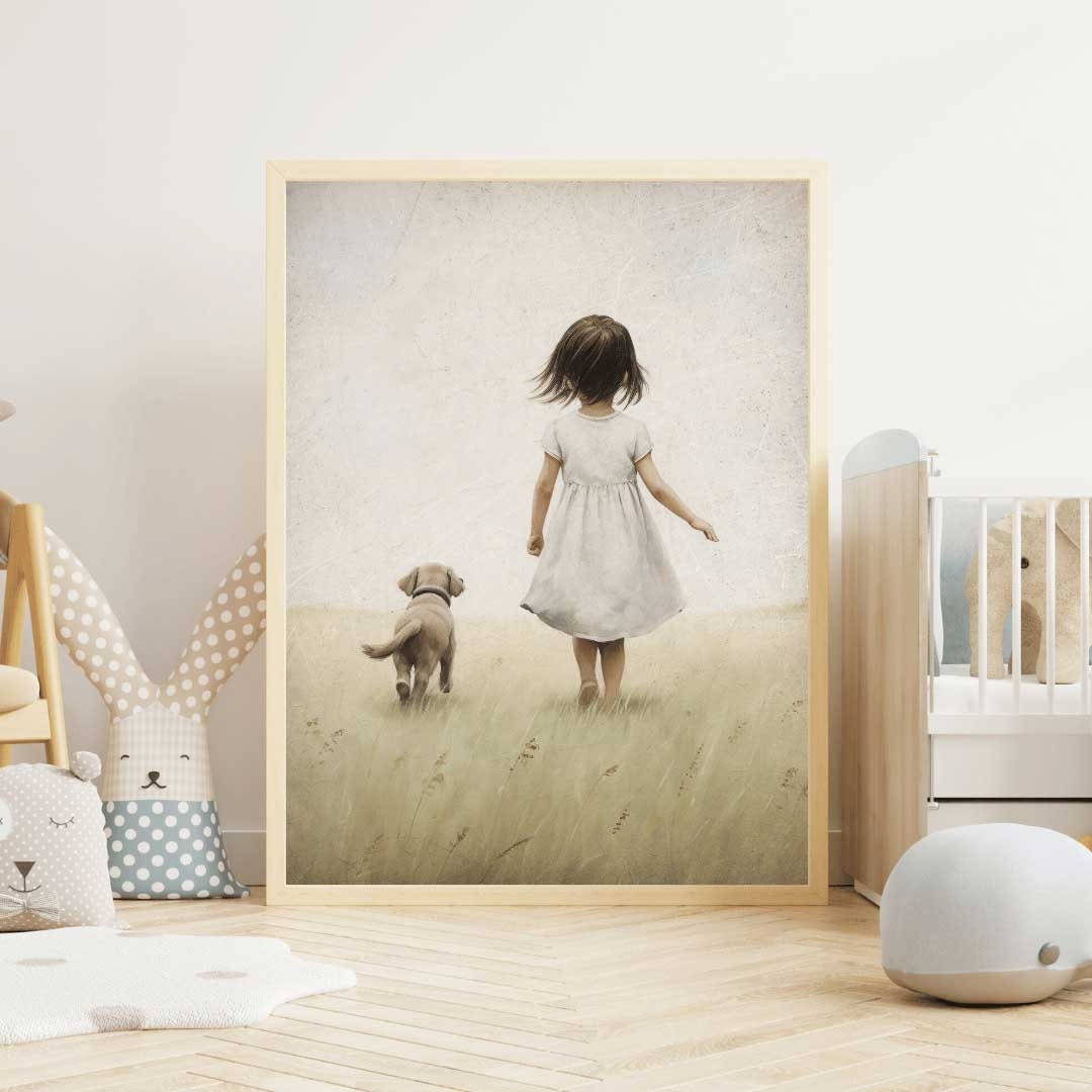 Girl and Dog Print, Vintage Nursery Decor, Cute Puppy Wall Art - WildfieldPrints