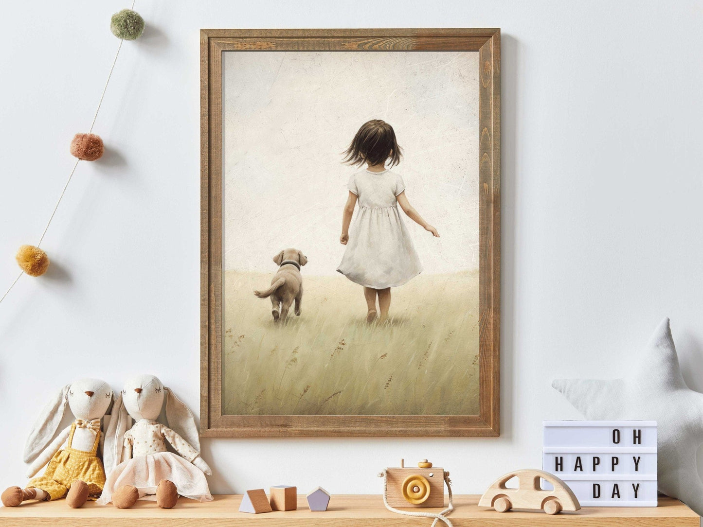 Girl and Dog Print, Vintage Nursery Decor, Cute Puppy Wall Art - WildfieldPrints