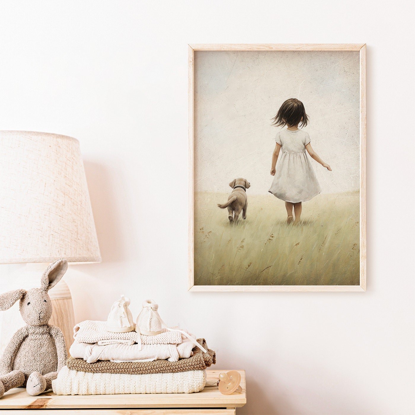 Girl and Dog Print, Vintage Nursery Decor, Cute Puppy Wall Art - WildfieldPrints