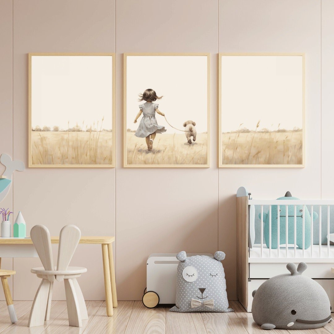 Girl and Dog Prints, Puppy Nursery Decor, Unique Vintage Wall Art - WildfieldPrints