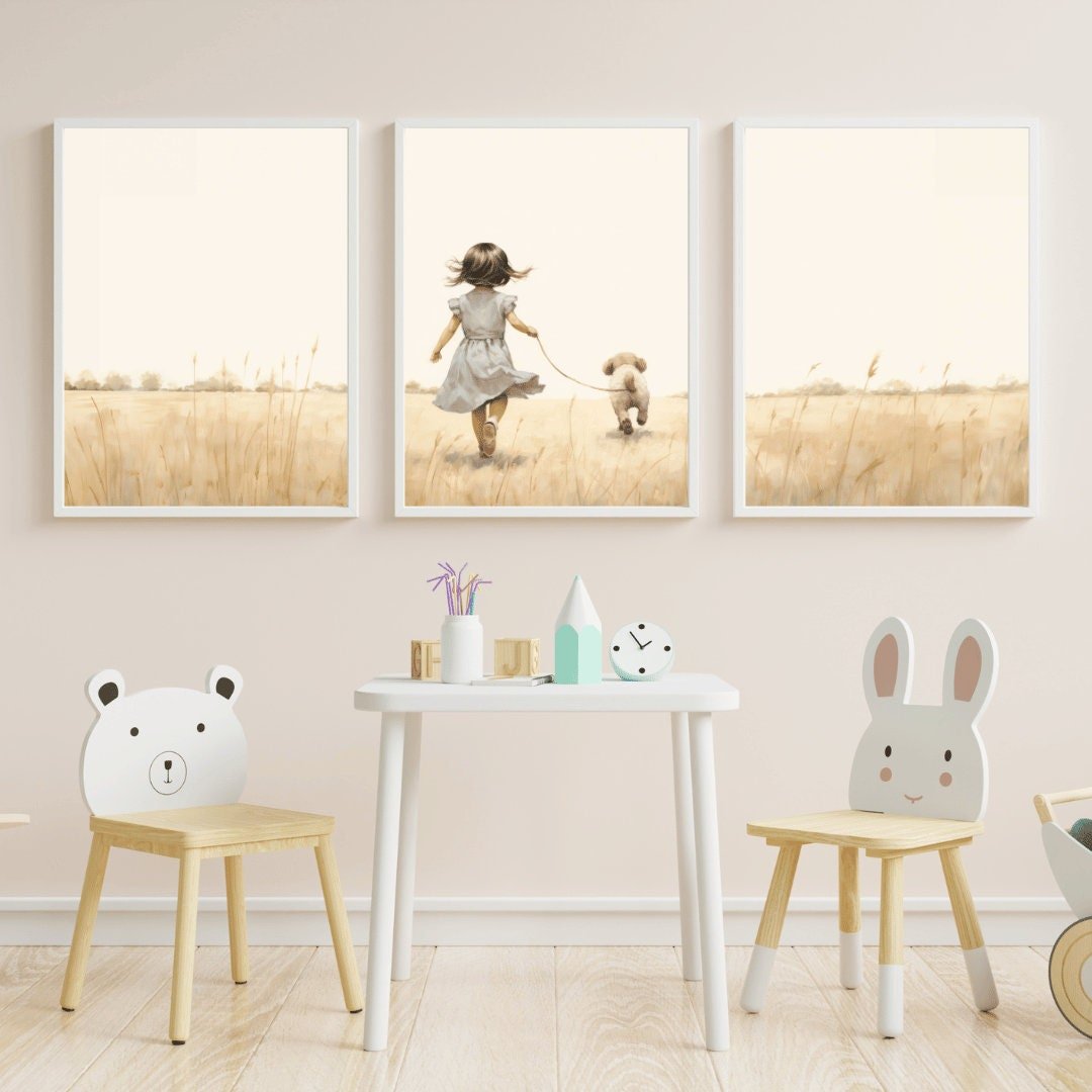 Girl and Dog Prints, Puppy Nursery Decor, Unique Vintage Wall Art - WildfieldPrints