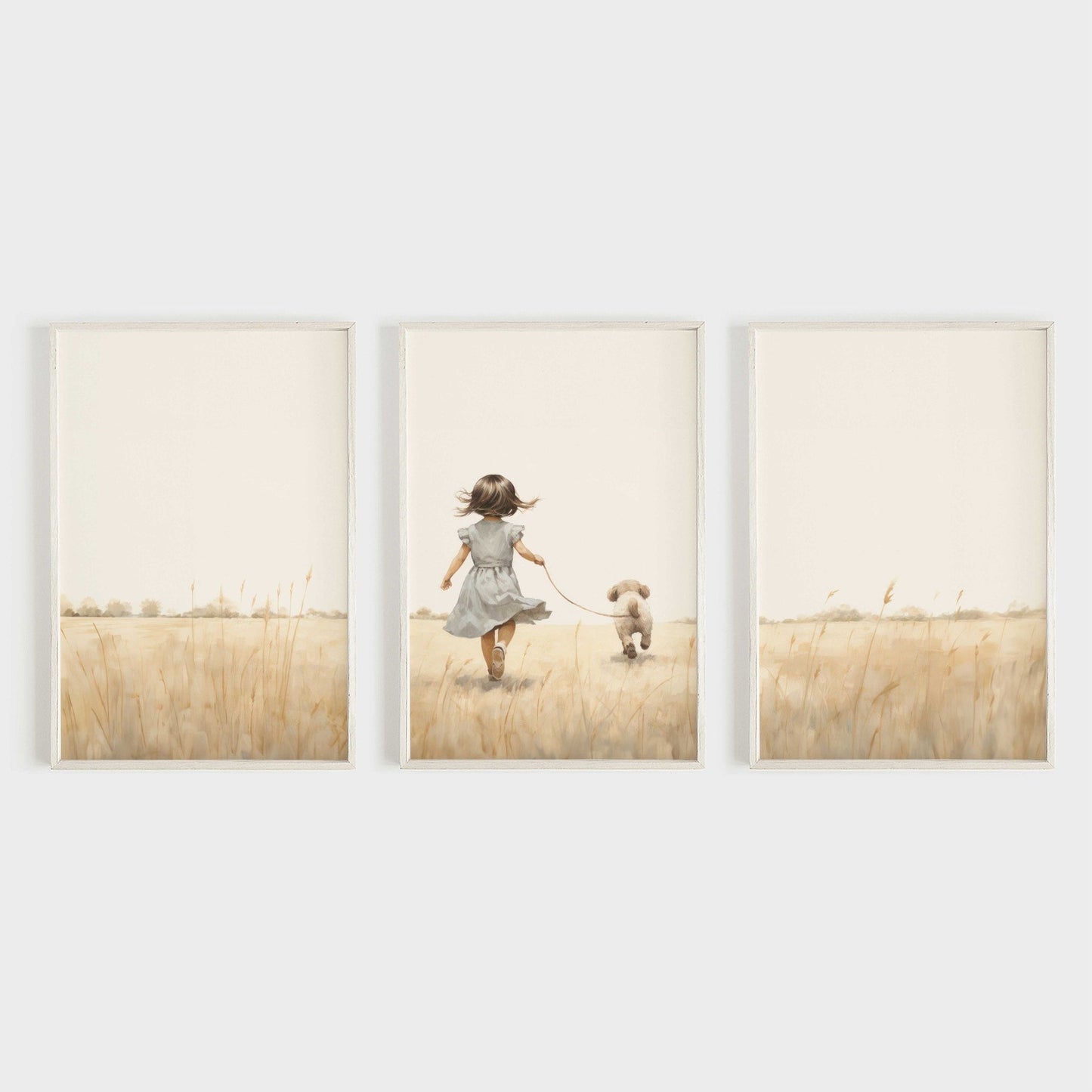 Girl and Dog Prints, Puppy Nursery Decor, Unique Vintage Wall Art - WildfieldPrints