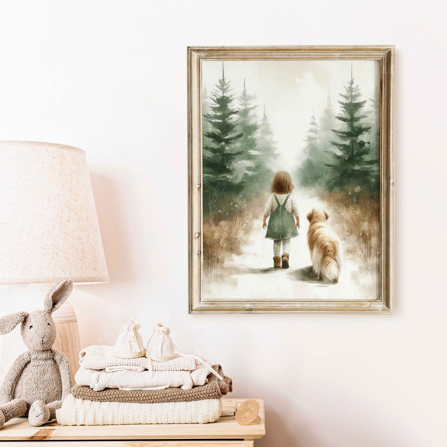 Girl and Golden Retriever Forest Walk Print, Vintage Nursery Decor - WildfieldPrints