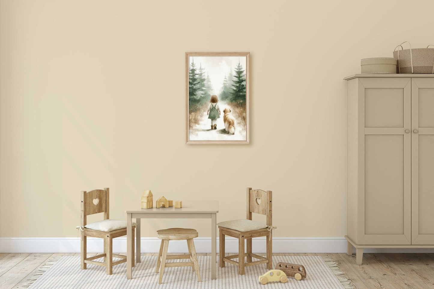 Girl and Golden Retriever Forest Walk Print, Vintage Nursery Decor - WildfieldPrints