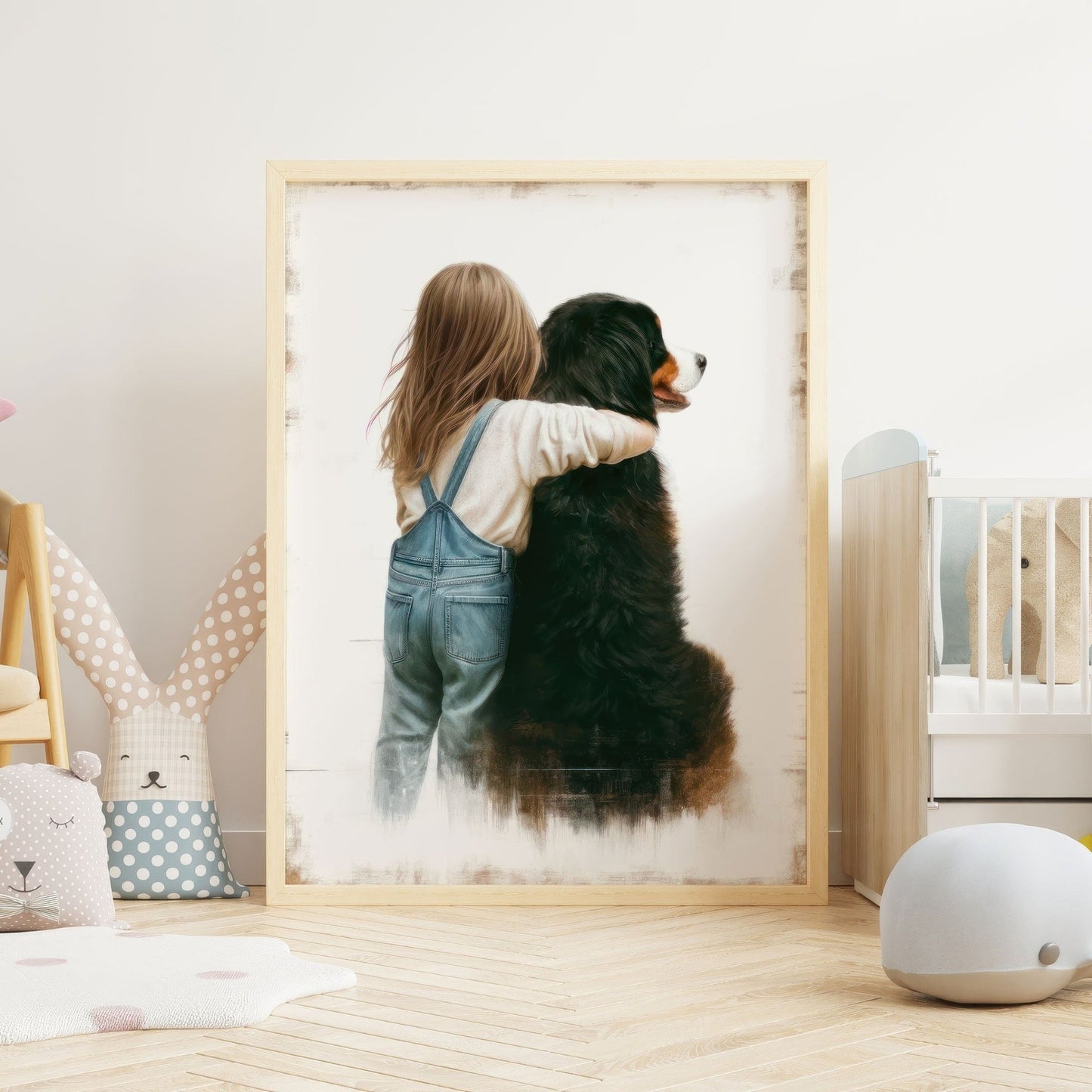 Girl & Bernese Mountain Dog Art, Nursery Decor, Kids' Dog Wall Print - WildfieldPrints