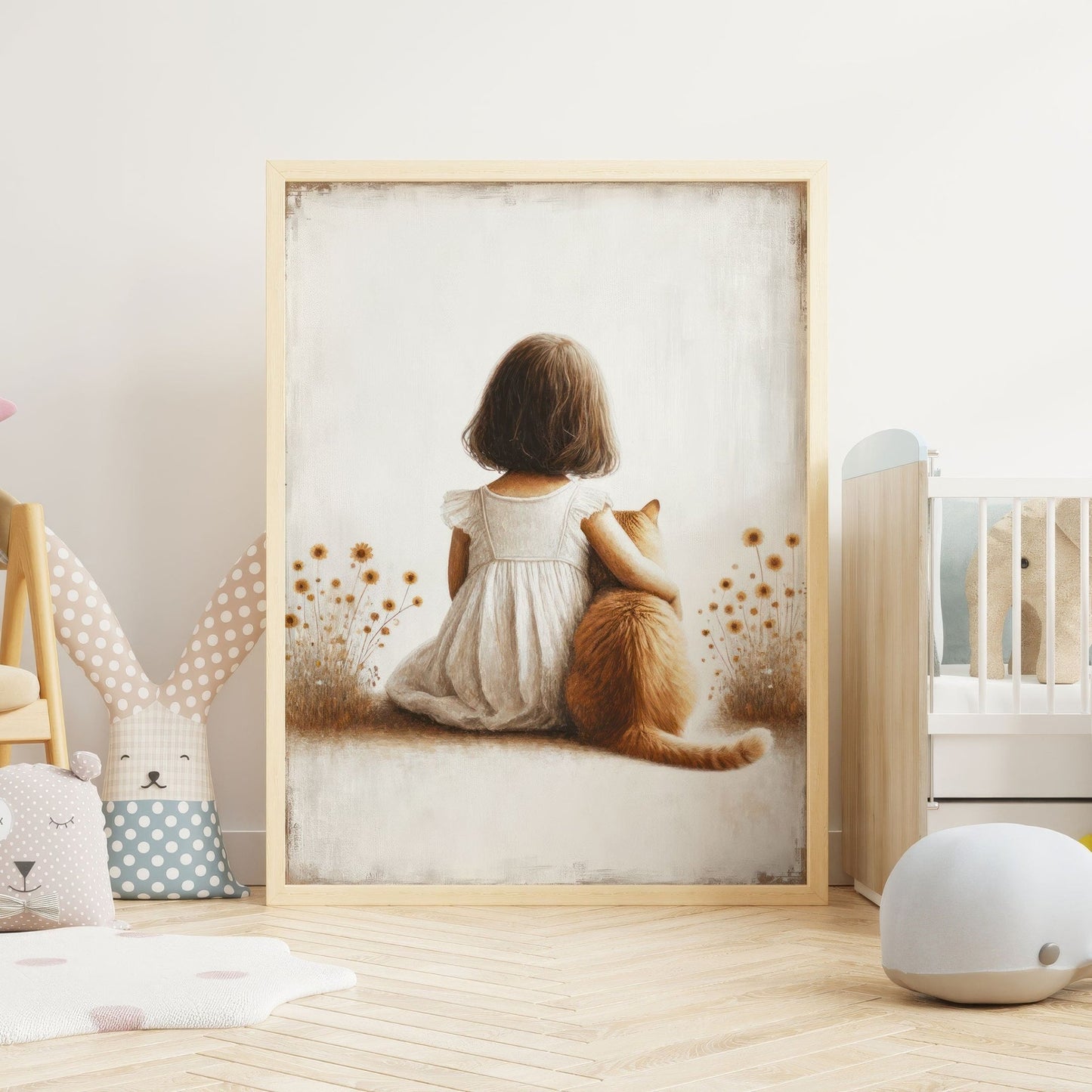 Girl & Cat Vintage Painting, Light and Airy Nursery Wall Decor, Custom Size - WildfieldPrints