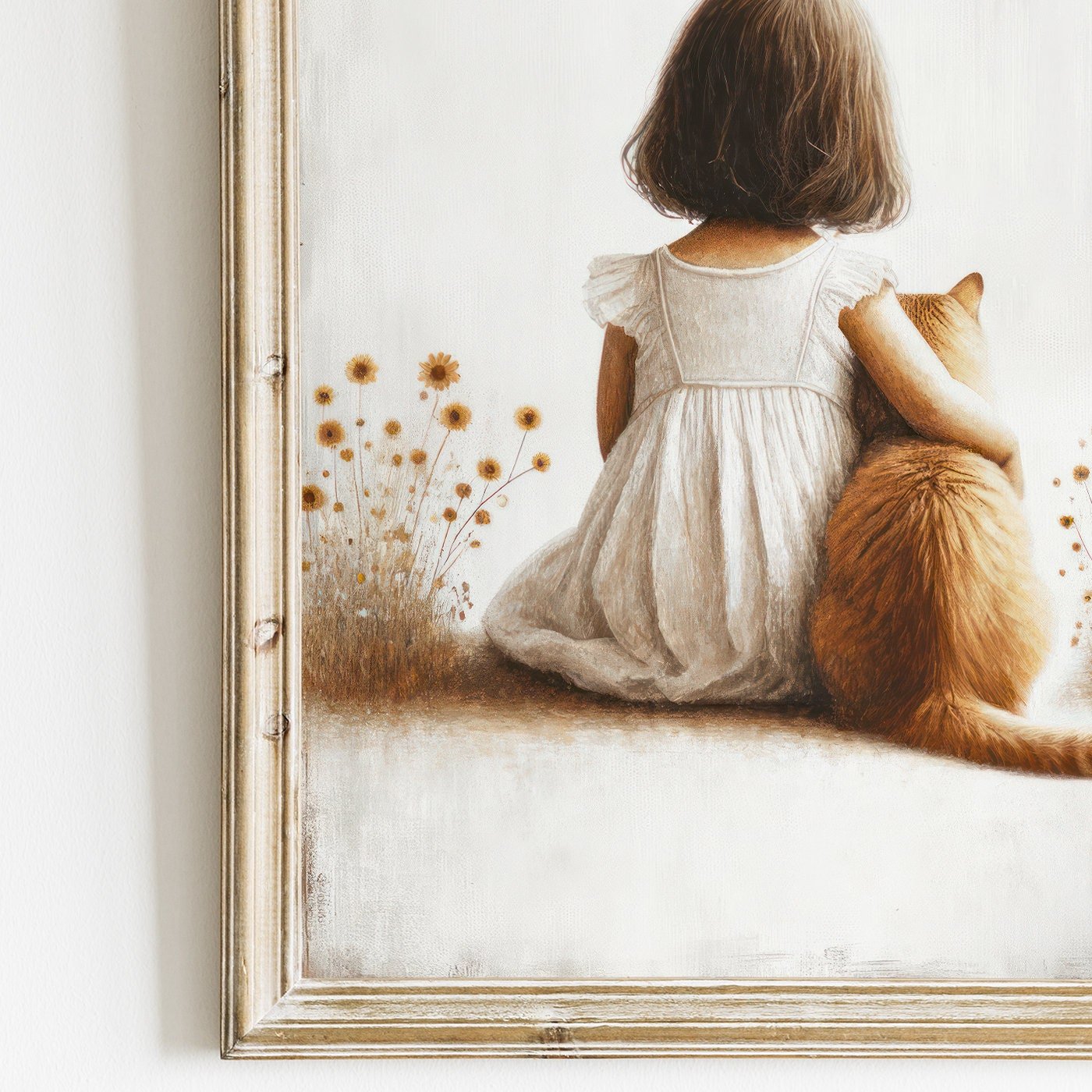 Girl & Cat Vintage Painting, Light and Airy Nursery Wall Decor, Custom Size - WildfieldPrints