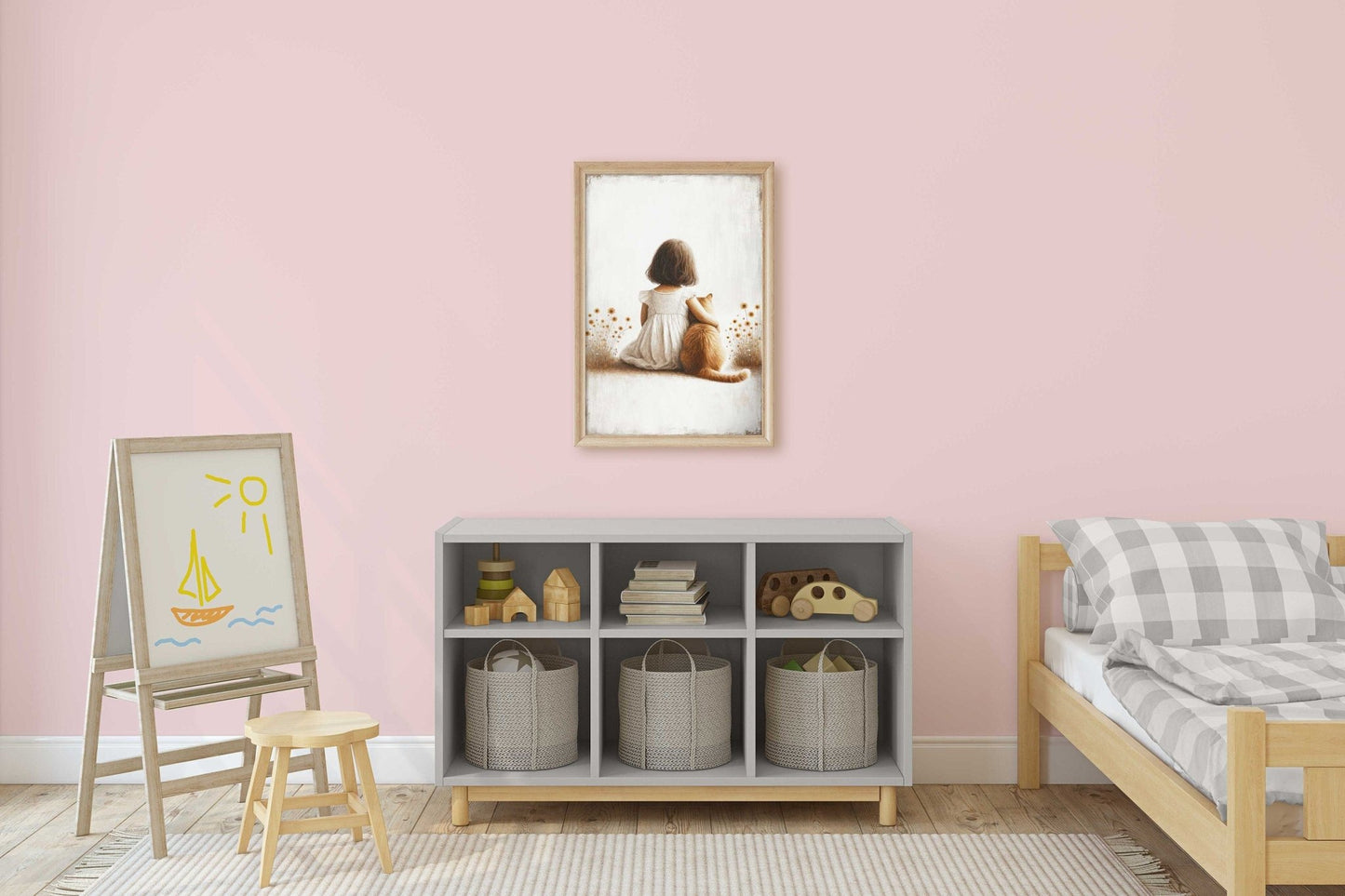 Girl & Cat Vintage Painting, Light and Airy Nursery Wall Decor, Custom Size - WildfieldPrints