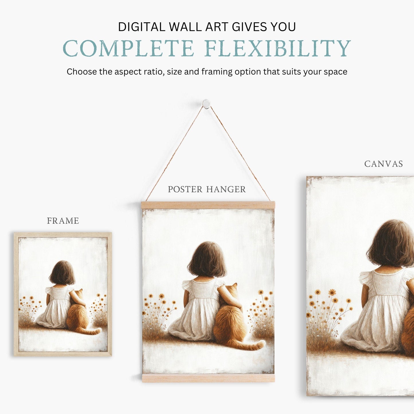Girl & Cat Vintage Painting, Light and Airy Nursery Wall Decor, Custom Size - WildfieldPrints