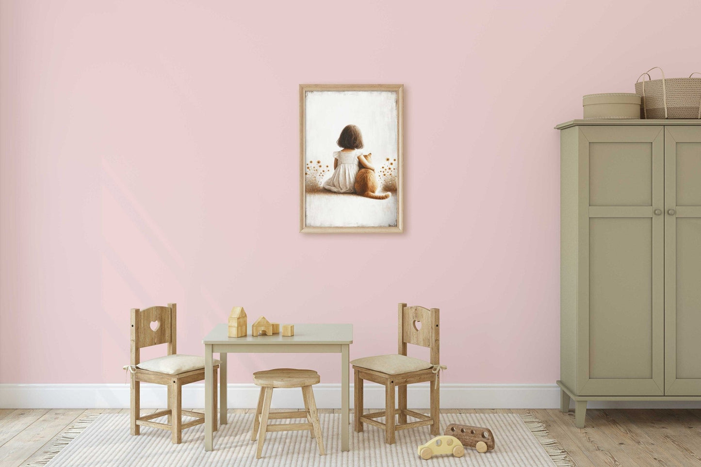 Girl & Cat Vintage Painting, Light and Airy Nursery Wall Decor, Custom Size - WildfieldPrints