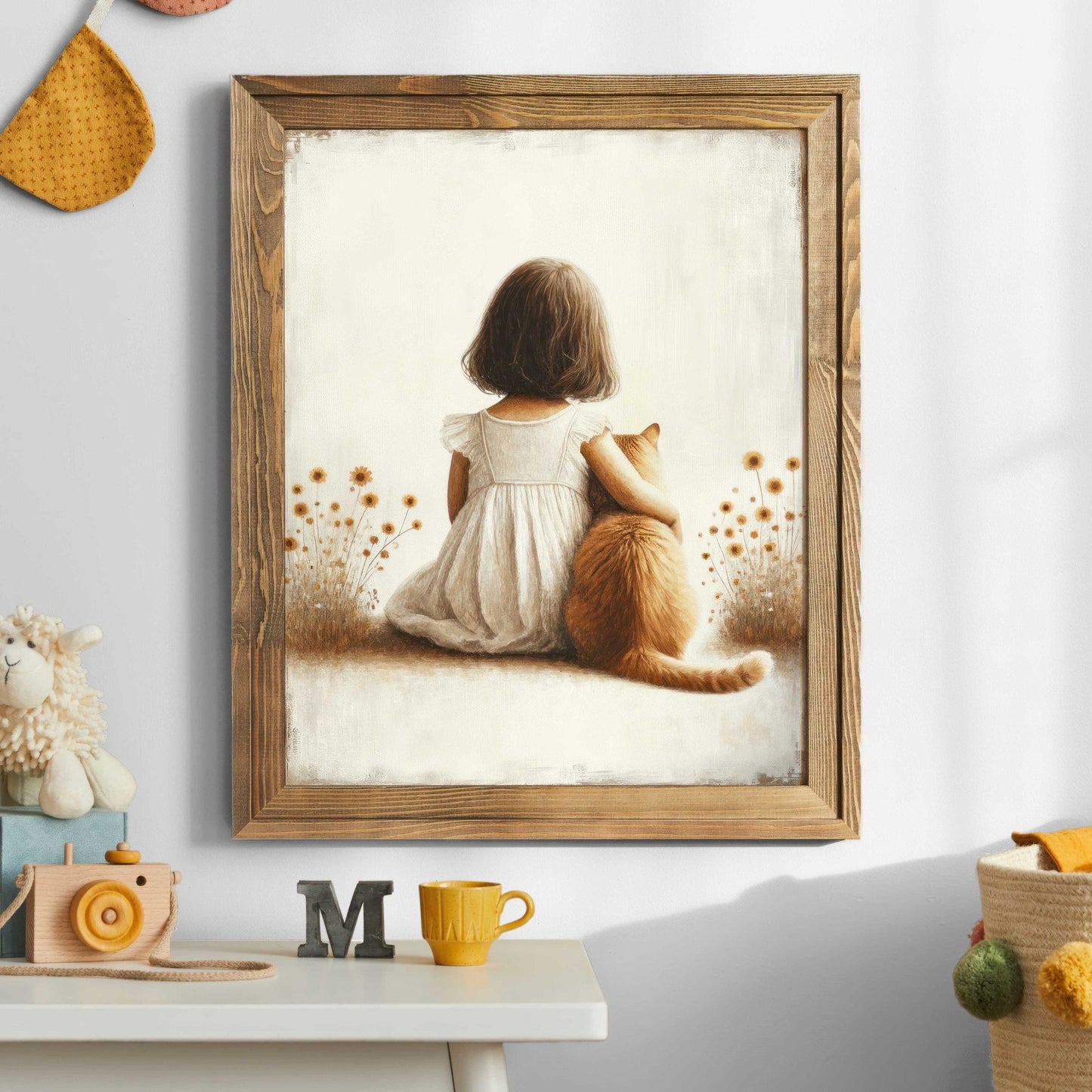 Girl & Cat Vintage Painting, Light and Airy Nursery Wall Decor, Custom Size - WildfieldPrints