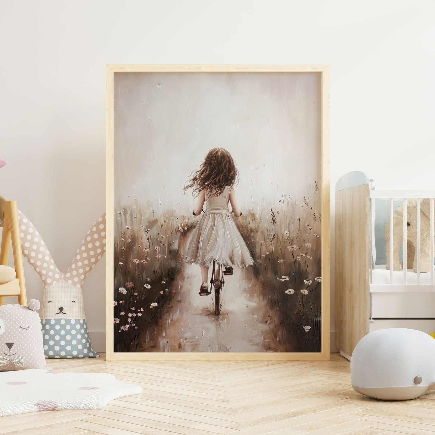 Girl on a Bicycle Print, Wildflower Field Decor, Floral Room Wall Art - WildfieldPrints