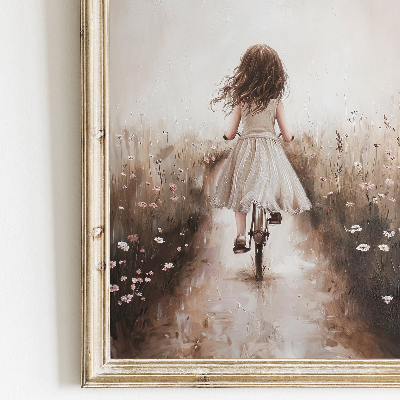 Girl on a Bicycle Print, Wildflower Field Decor, Floral Room Wall Art - WildfieldPrints
