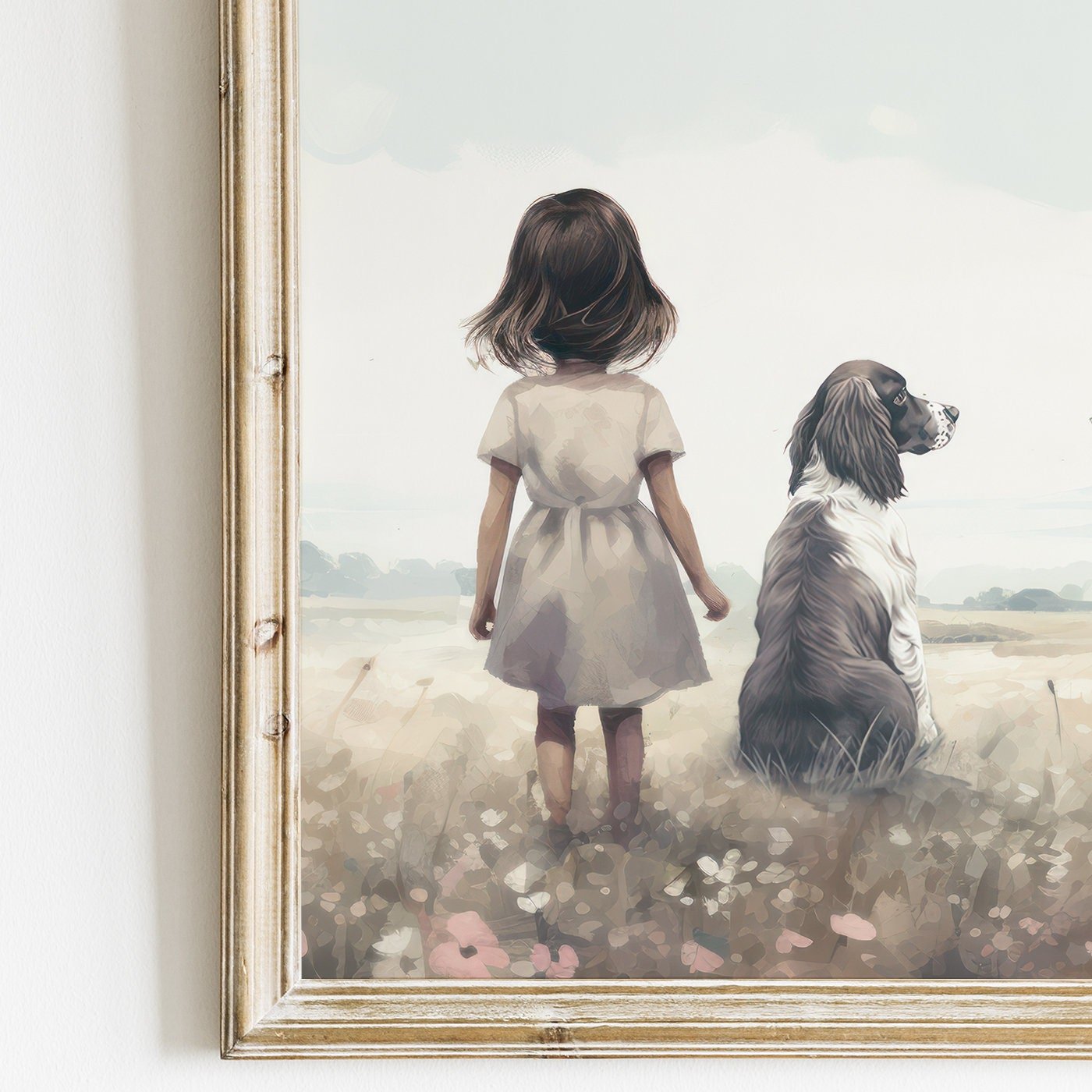 Girl & Springer Spaniel Art, Dog Nursery Decor, Cute Wall Painting - WildfieldPrints