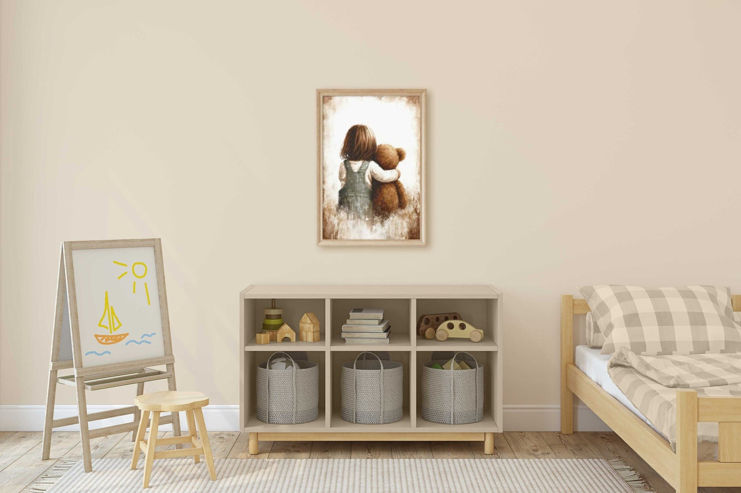 Girl & Teddy Bear Nursery Art, Vintage Girls Room Decor, Unique Print - WildfieldPrints