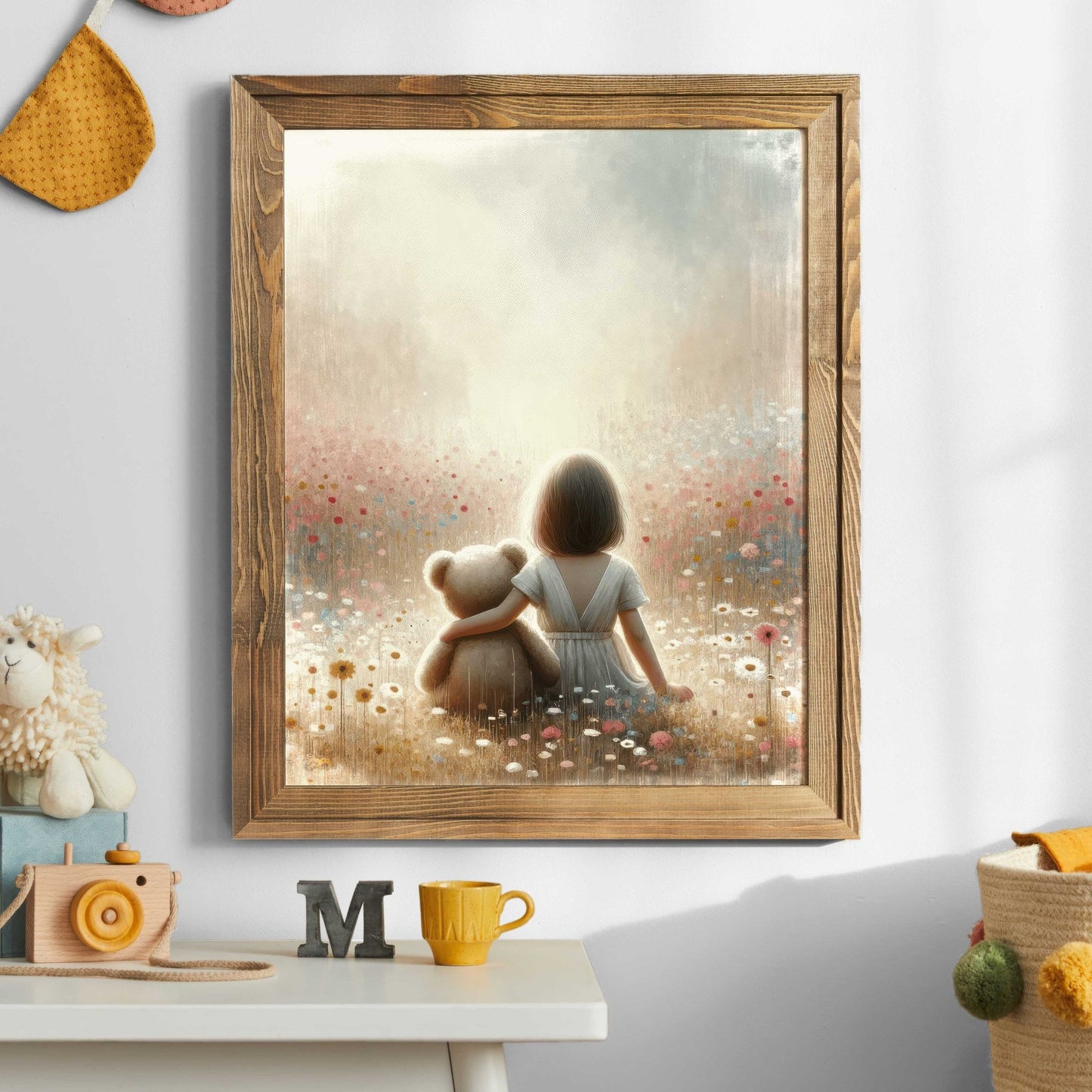 Girl & Teddy Bear Nursery Print, Cute Girls Room Decor - WildfieldPrints