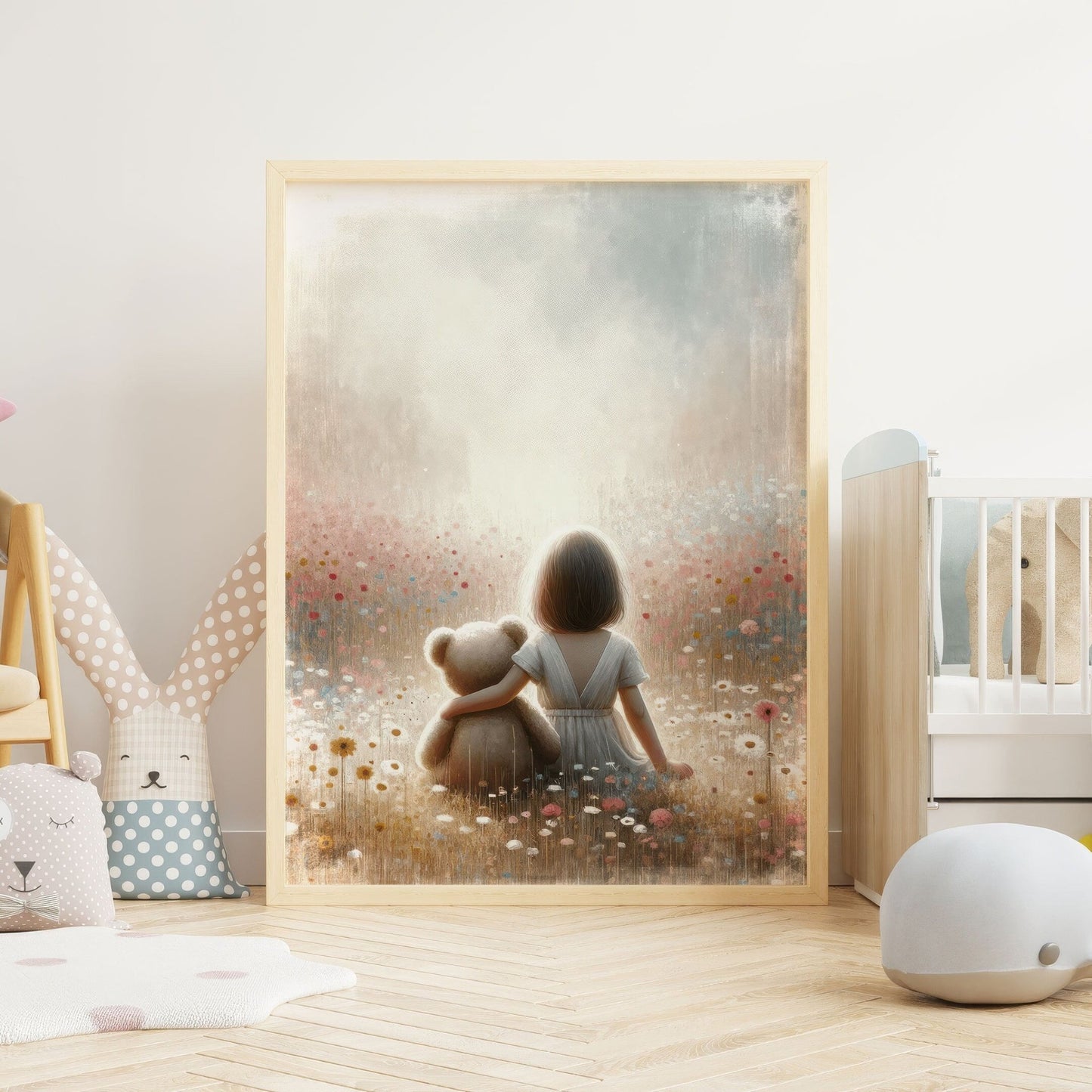 Girl & Teddy Bear Nursery Print, Cute Girls Room Decor - WildfieldPrints